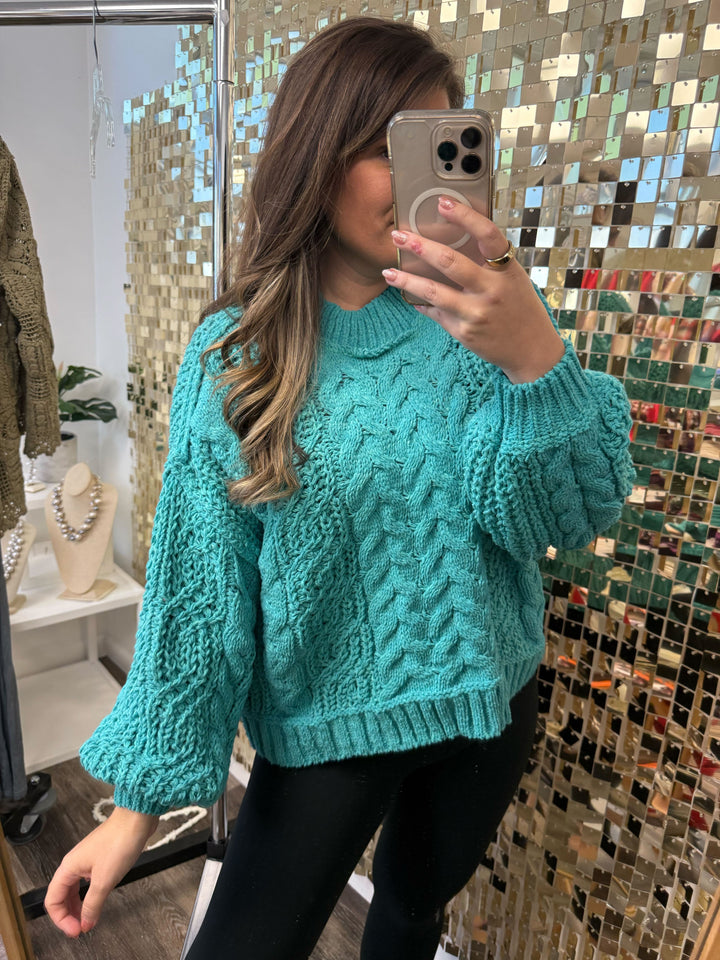 Chunky Cable Knit Mock Neck Sweater - Aqua Teal by POL