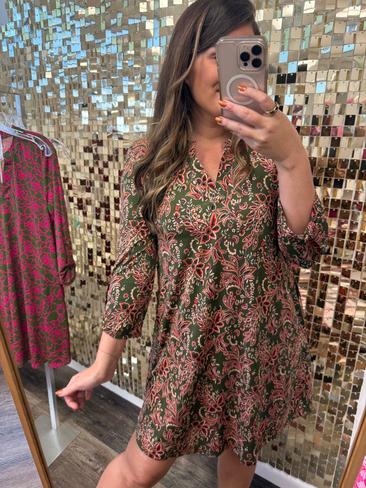 Lizzy Long Sleeve Dress in Olive Paisley