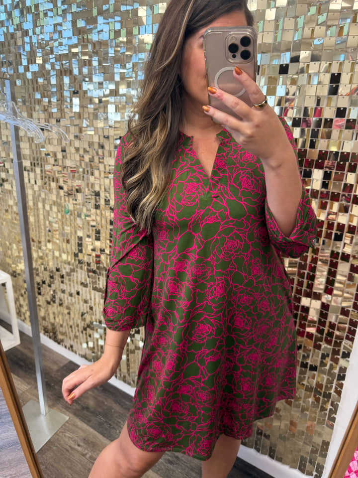 Lizzy Long Sleeve Dress in Pink and Olive Abstract Floral
