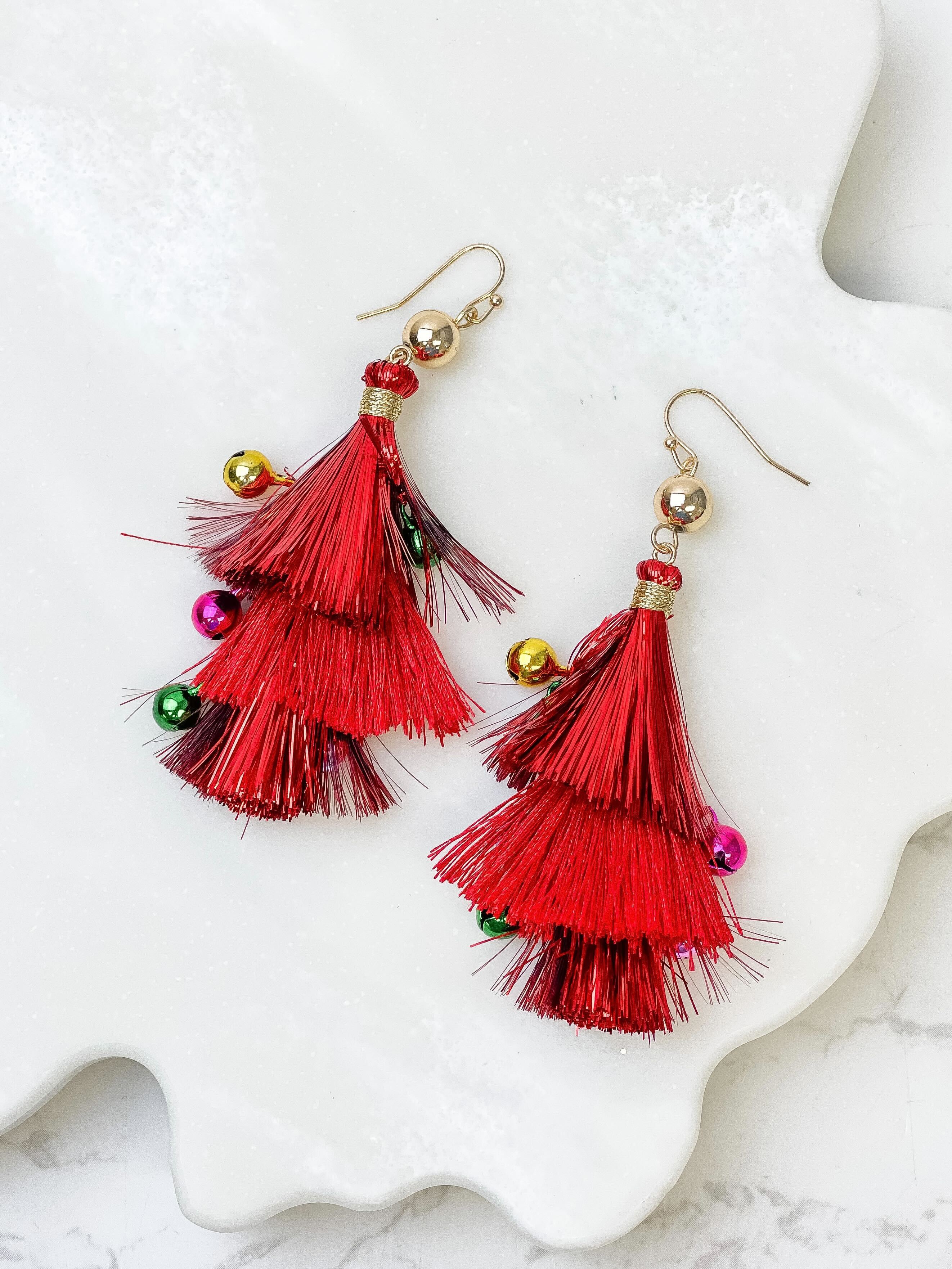 Christmas Tinsel Dangle Earrings - Red