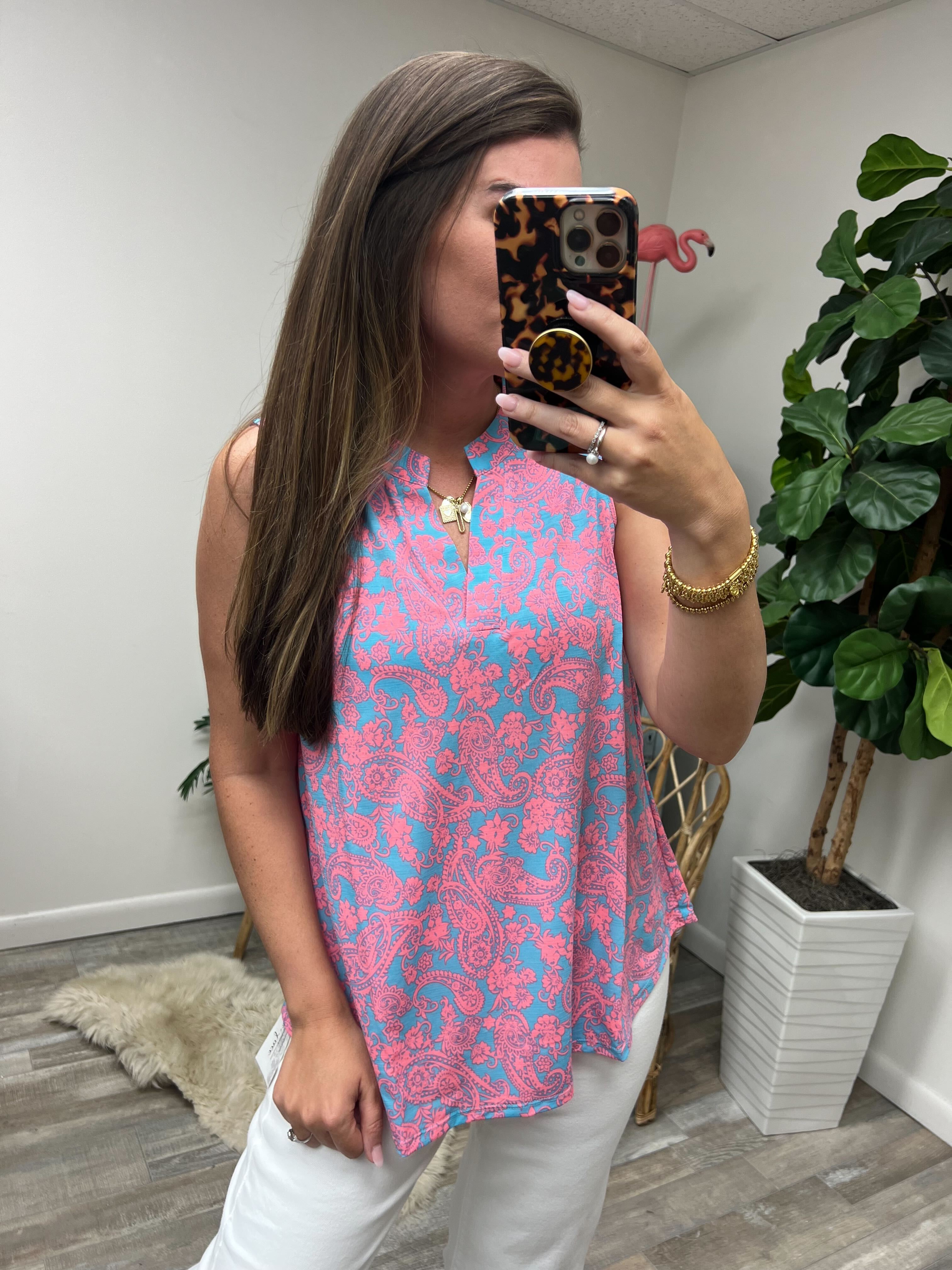 Lizzy Tank Top in Blue and Apricot Paisley