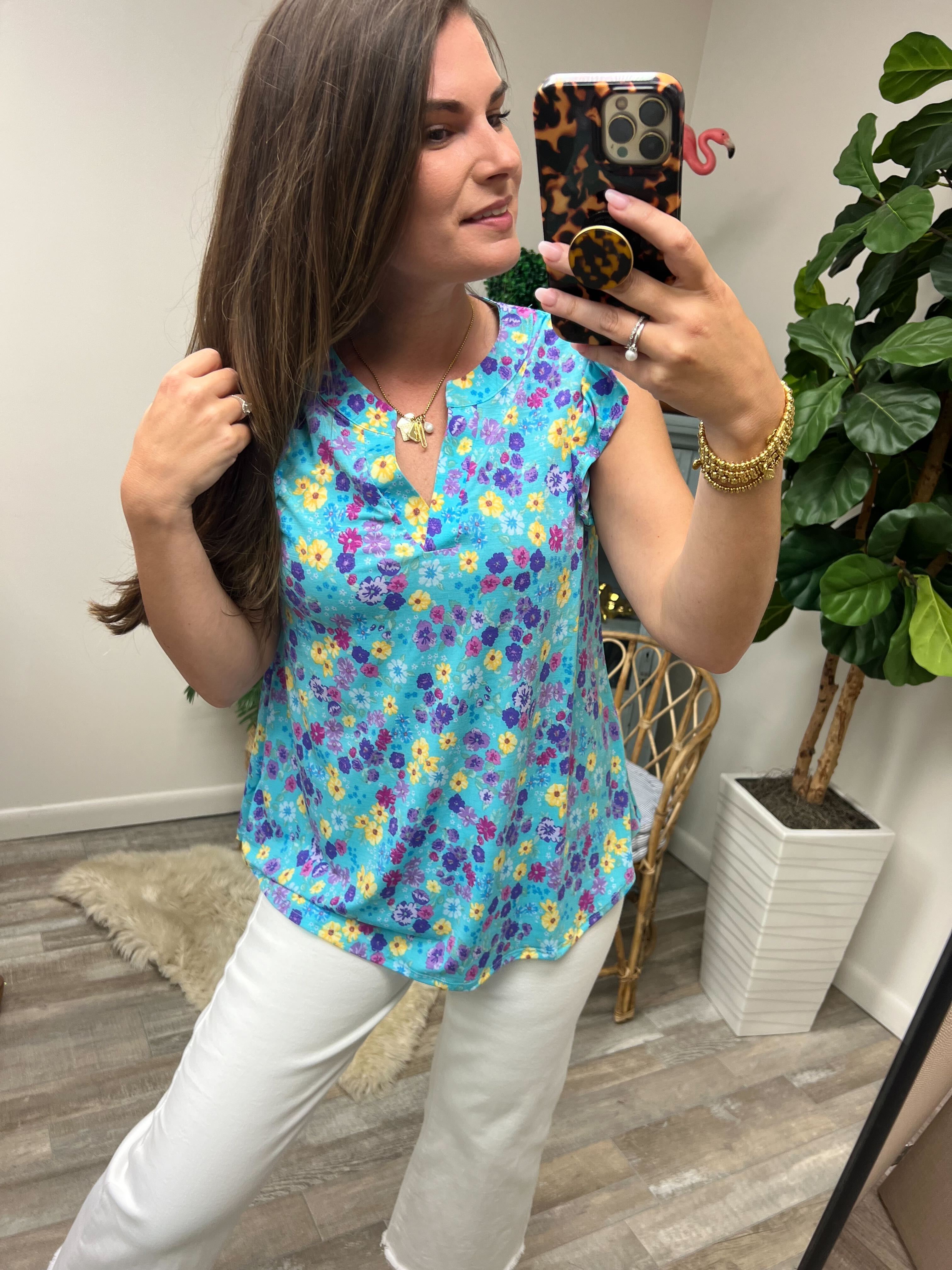 Lizzy Flutter Sleeve Top in Teal and Purple Floral