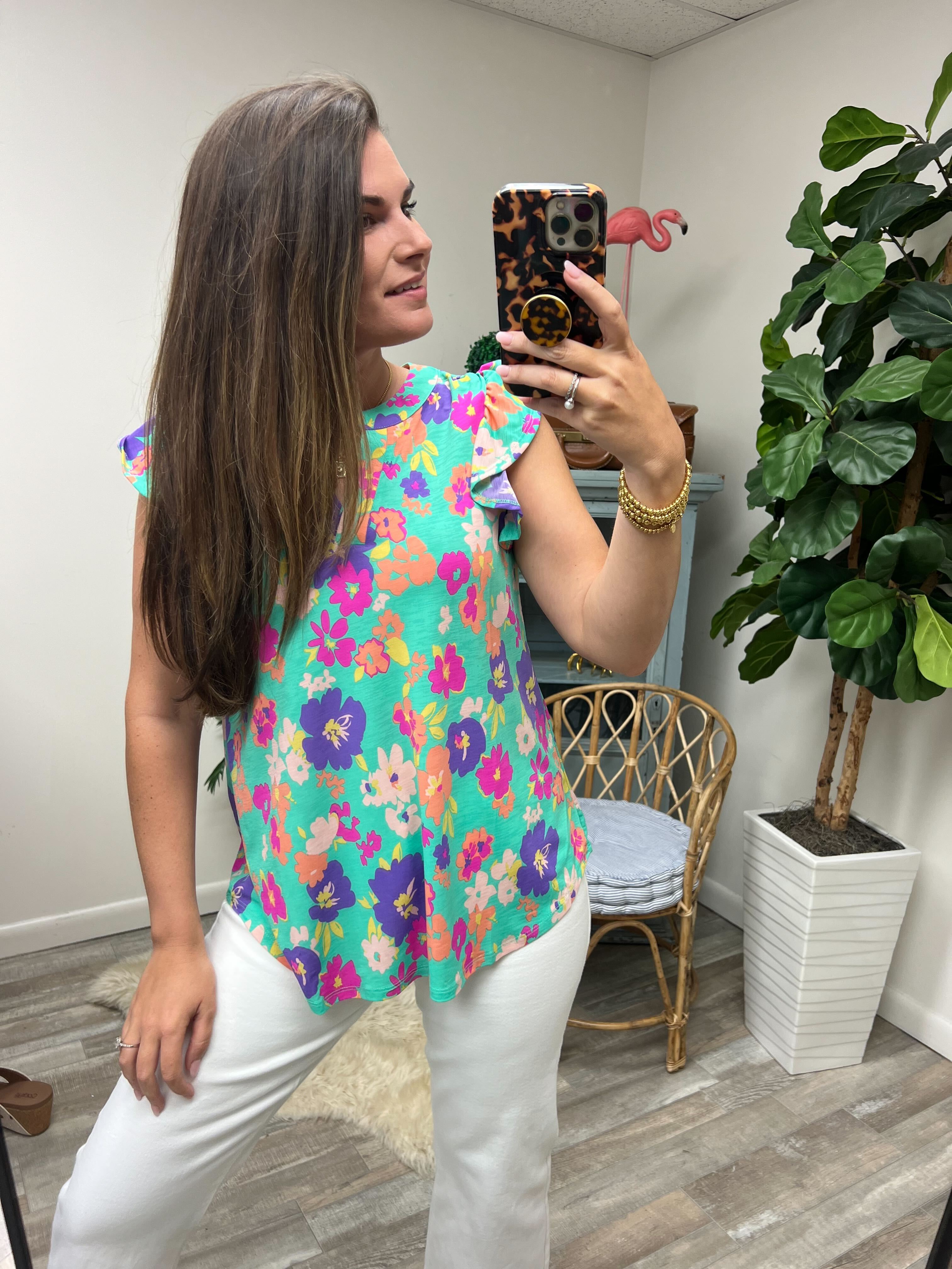 Lizzy Flutter Sleeve Top in Emerald and Purple Floral