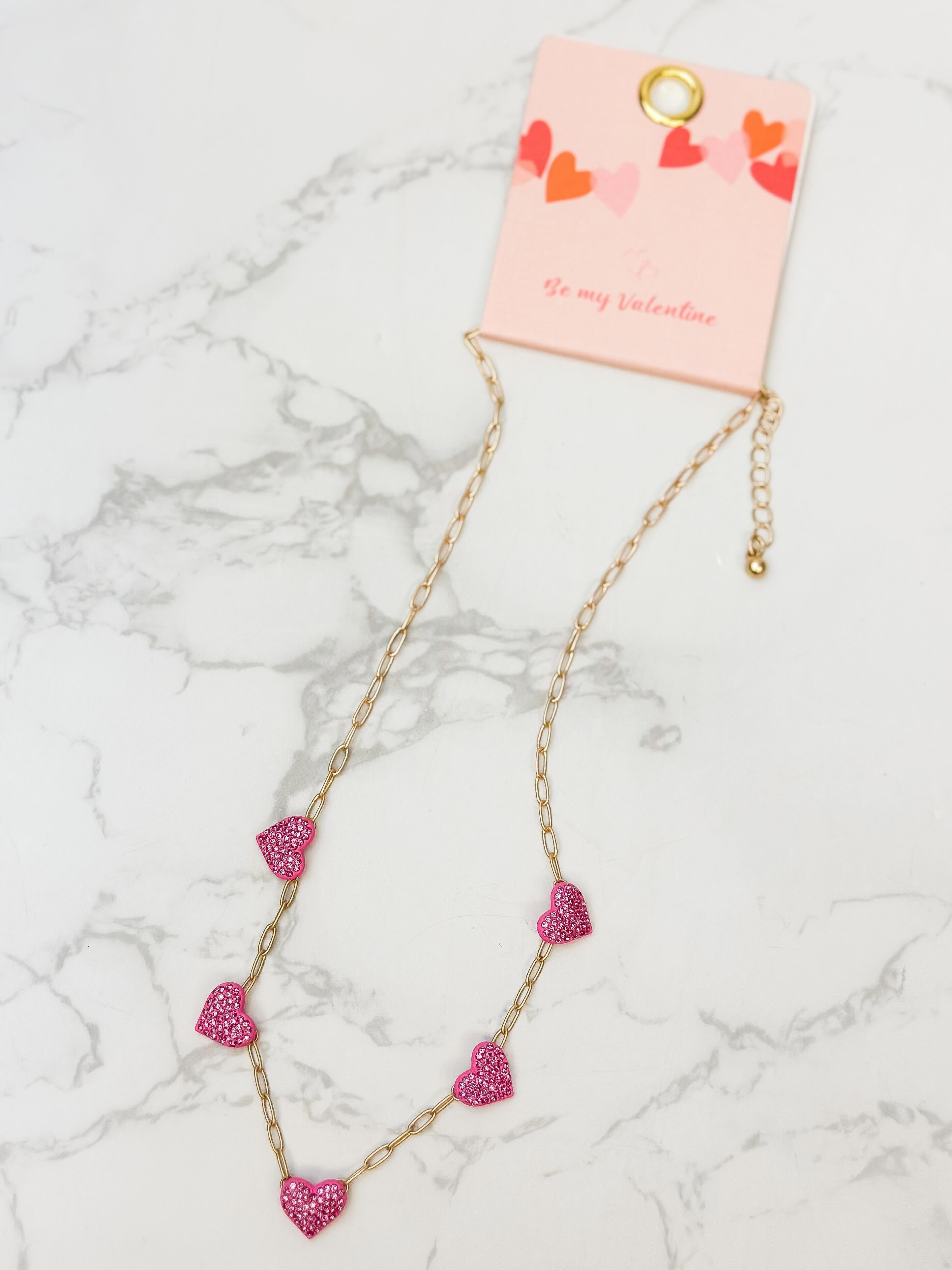 Sparkling Pave Heart Station Necklace - Pink
