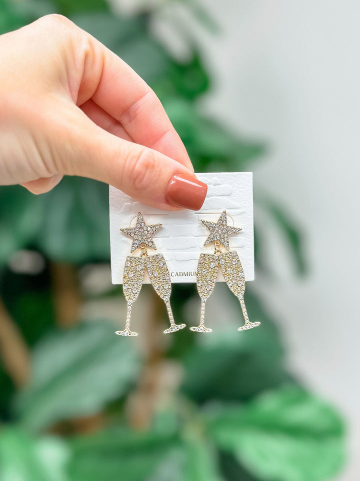 Cheers Rhinestone Dangle Earrings - Gold