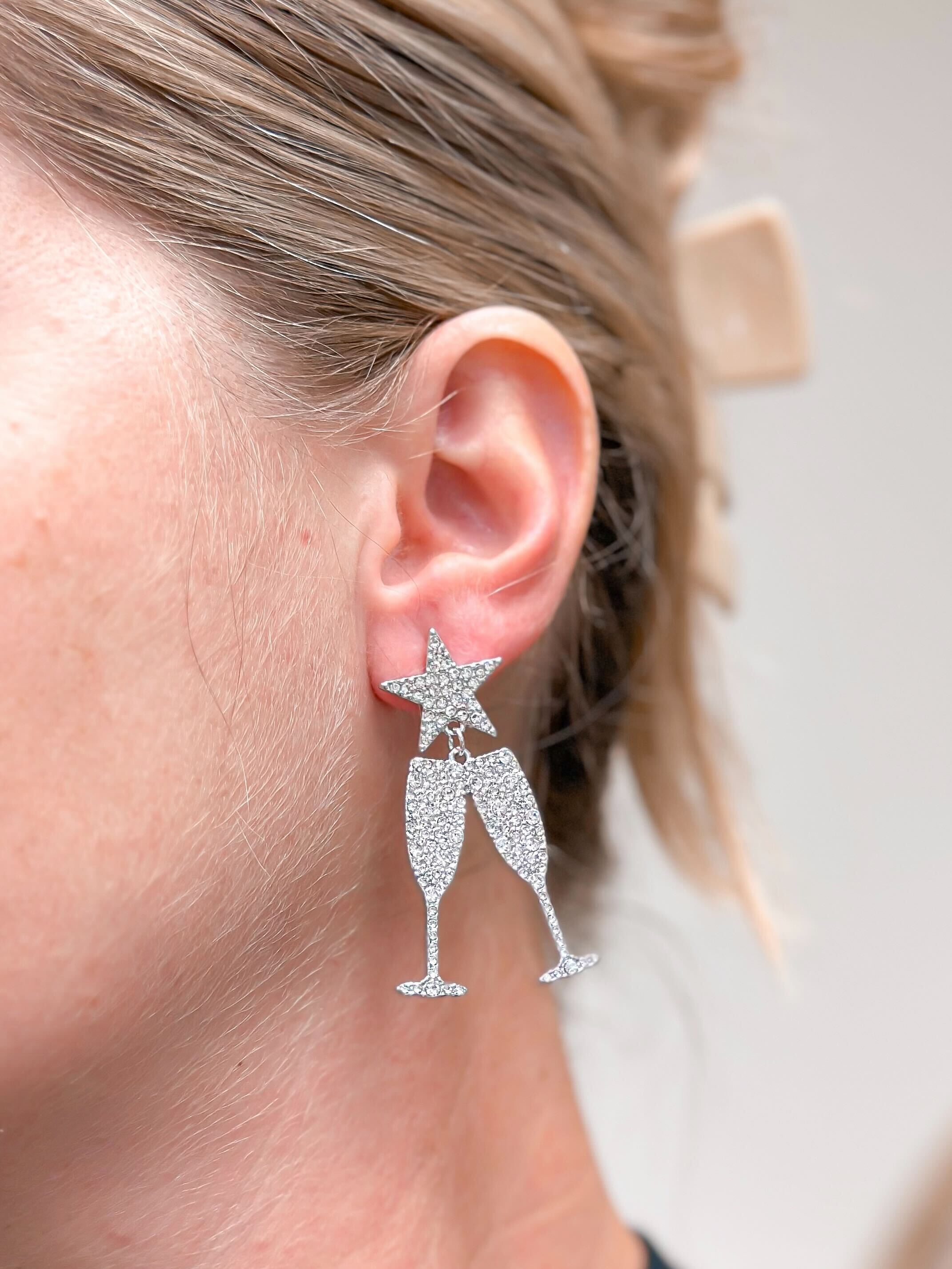 Cheers Rhinestone Dangle Earrings - Silver