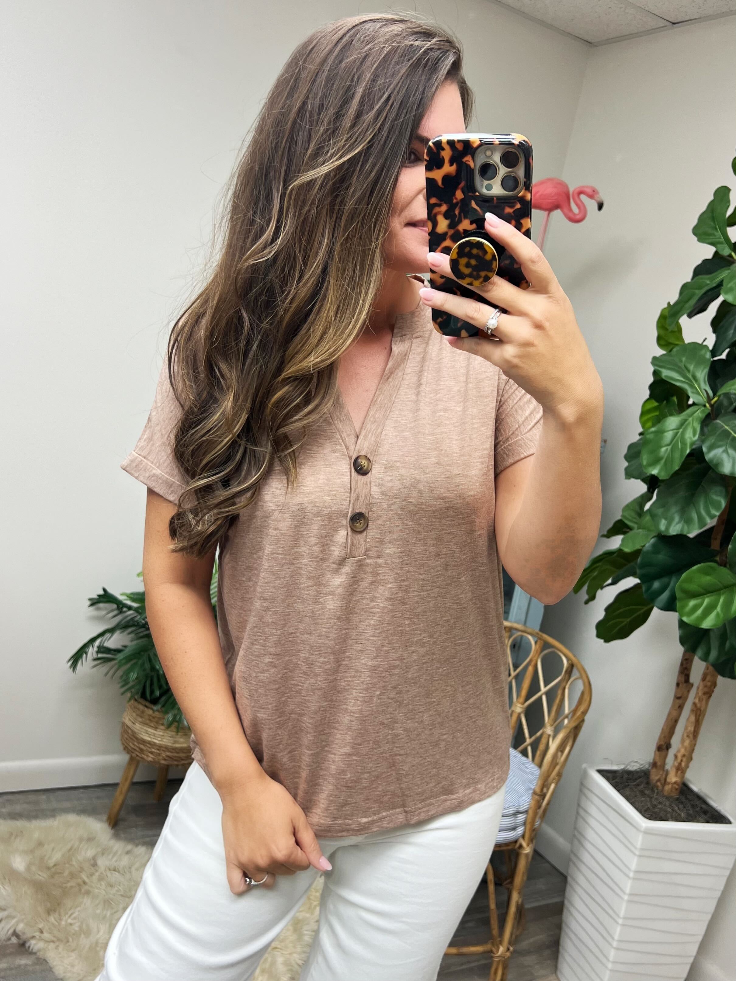 Almost There V-Neck Henley Top In Taupe