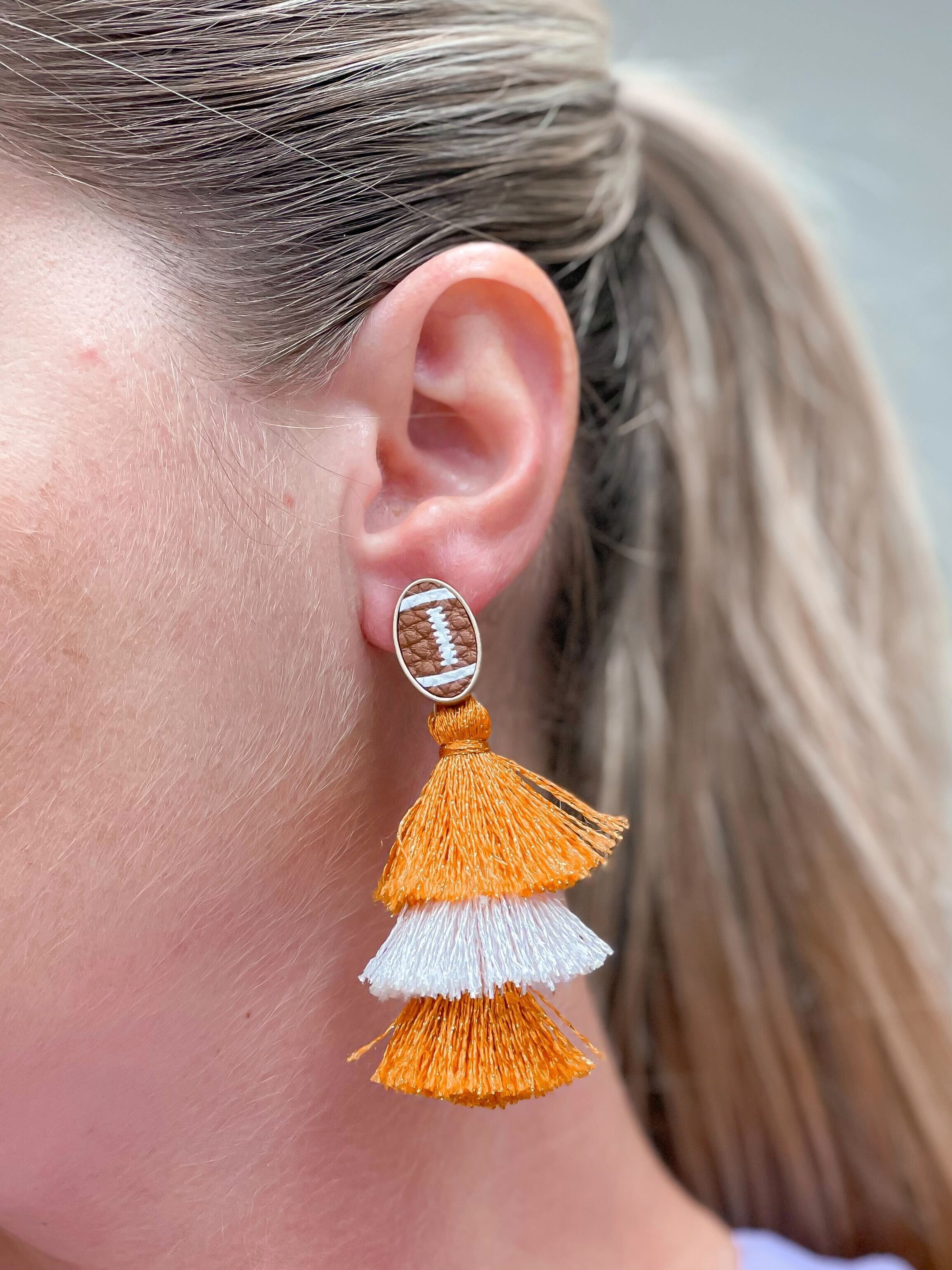 Football Tiered Glitter Tassel Dangle Earrings - Orange & White