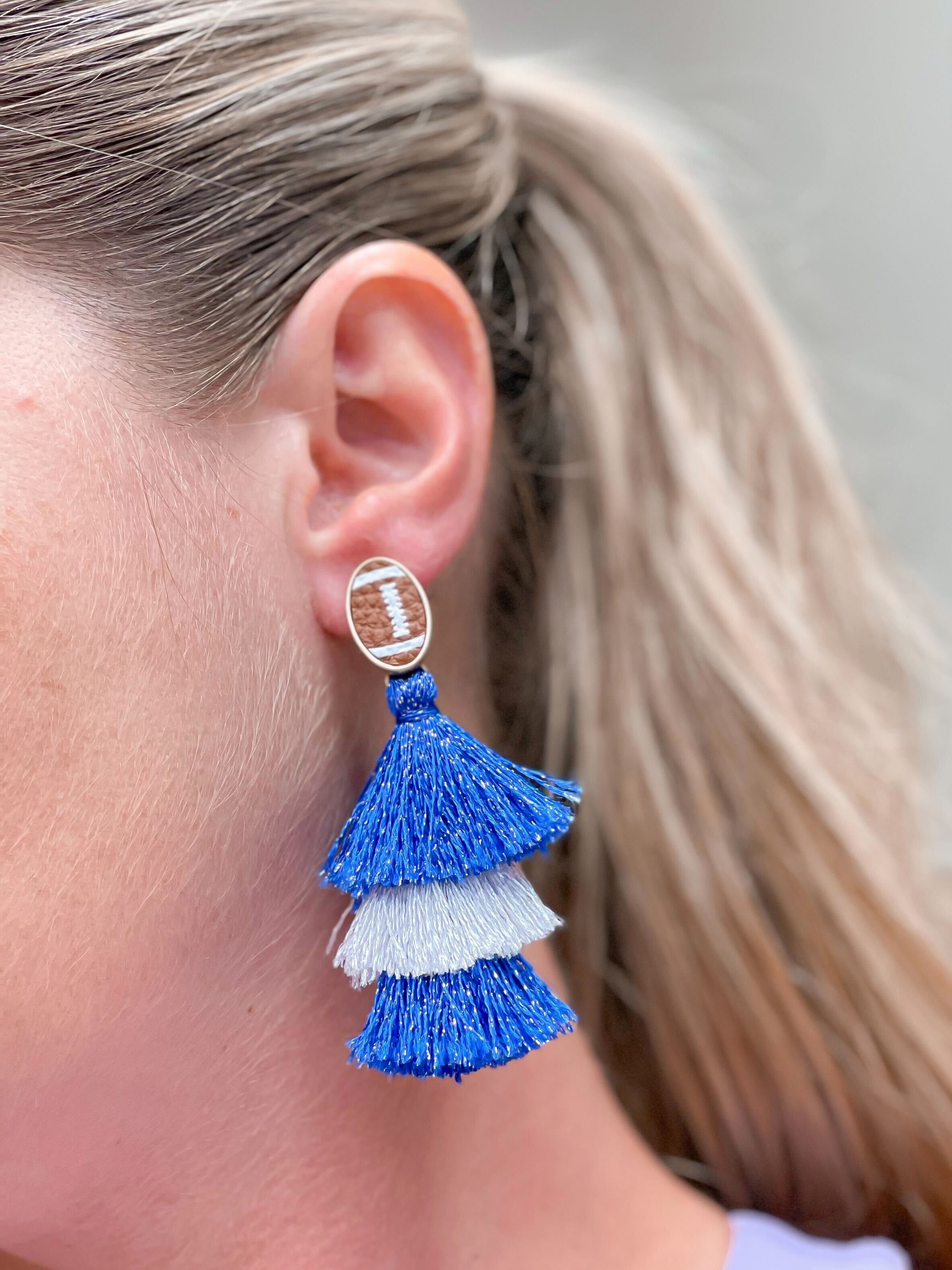 Football Tiered Glitter Tassel Dangle Earrings - Blue & White