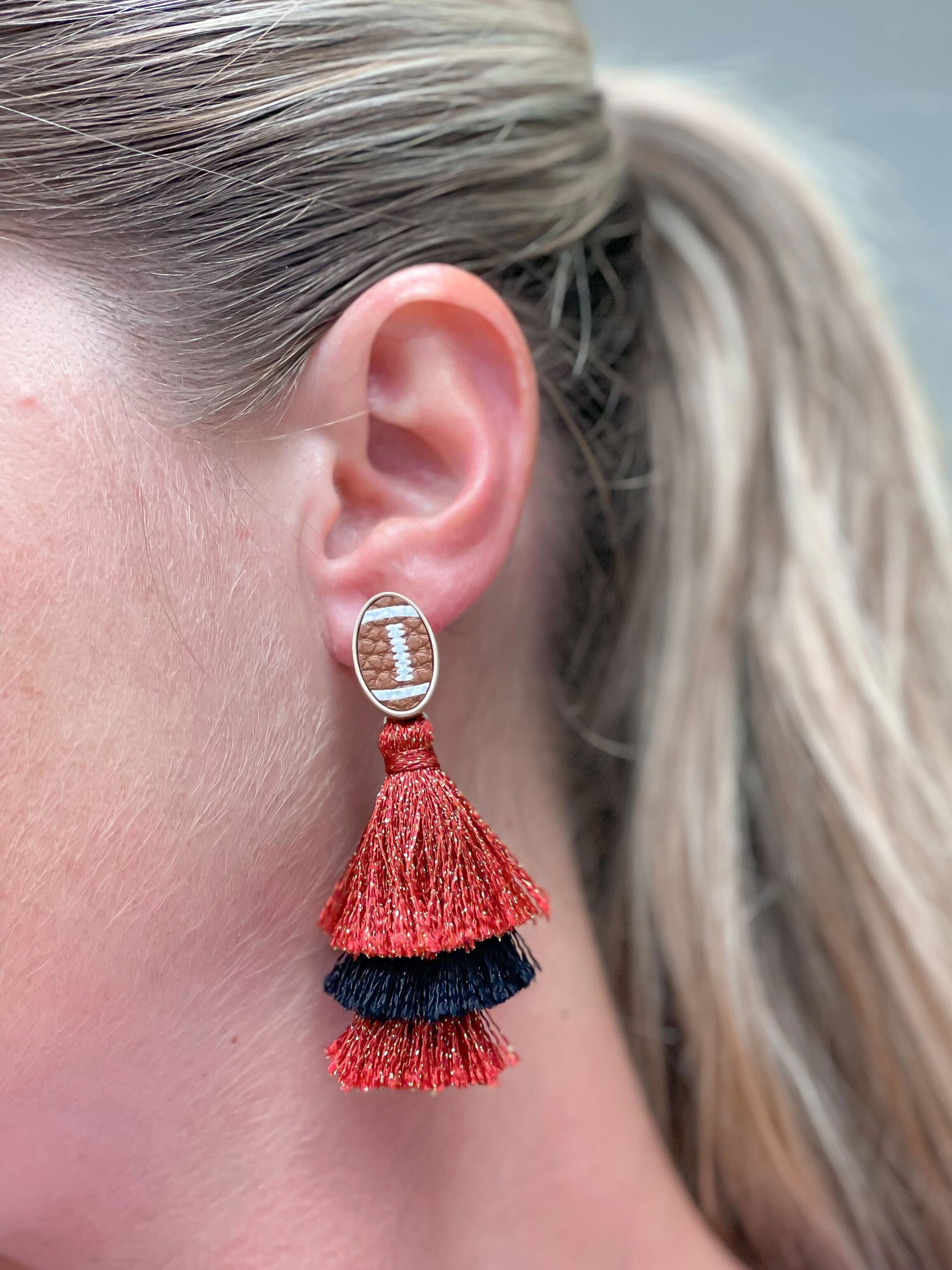 Football Tiered Glitter Tassel Dangle Earrings - Red & Black