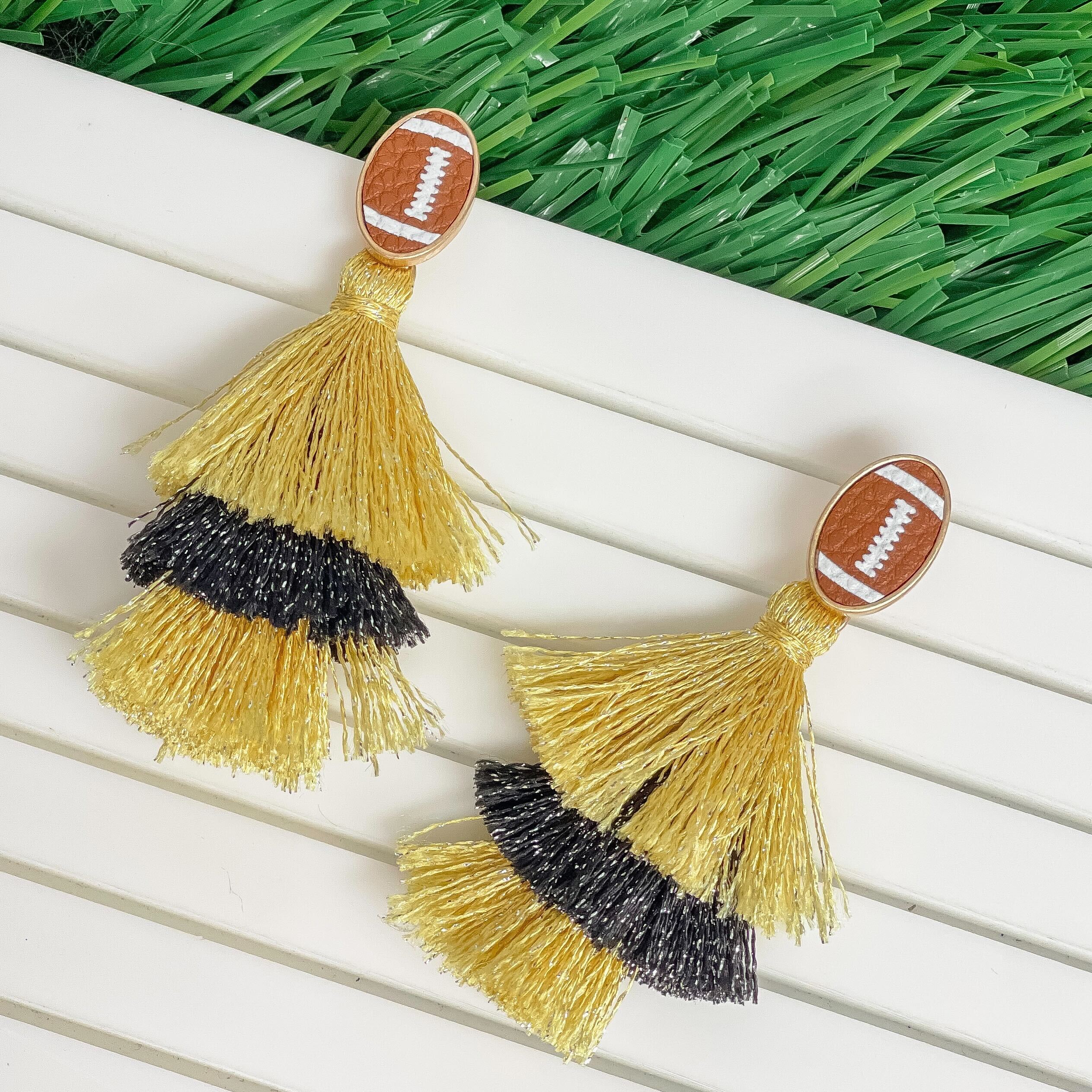 Football Tiered Glitter Tassel Dangle Earrings - Gold & Black