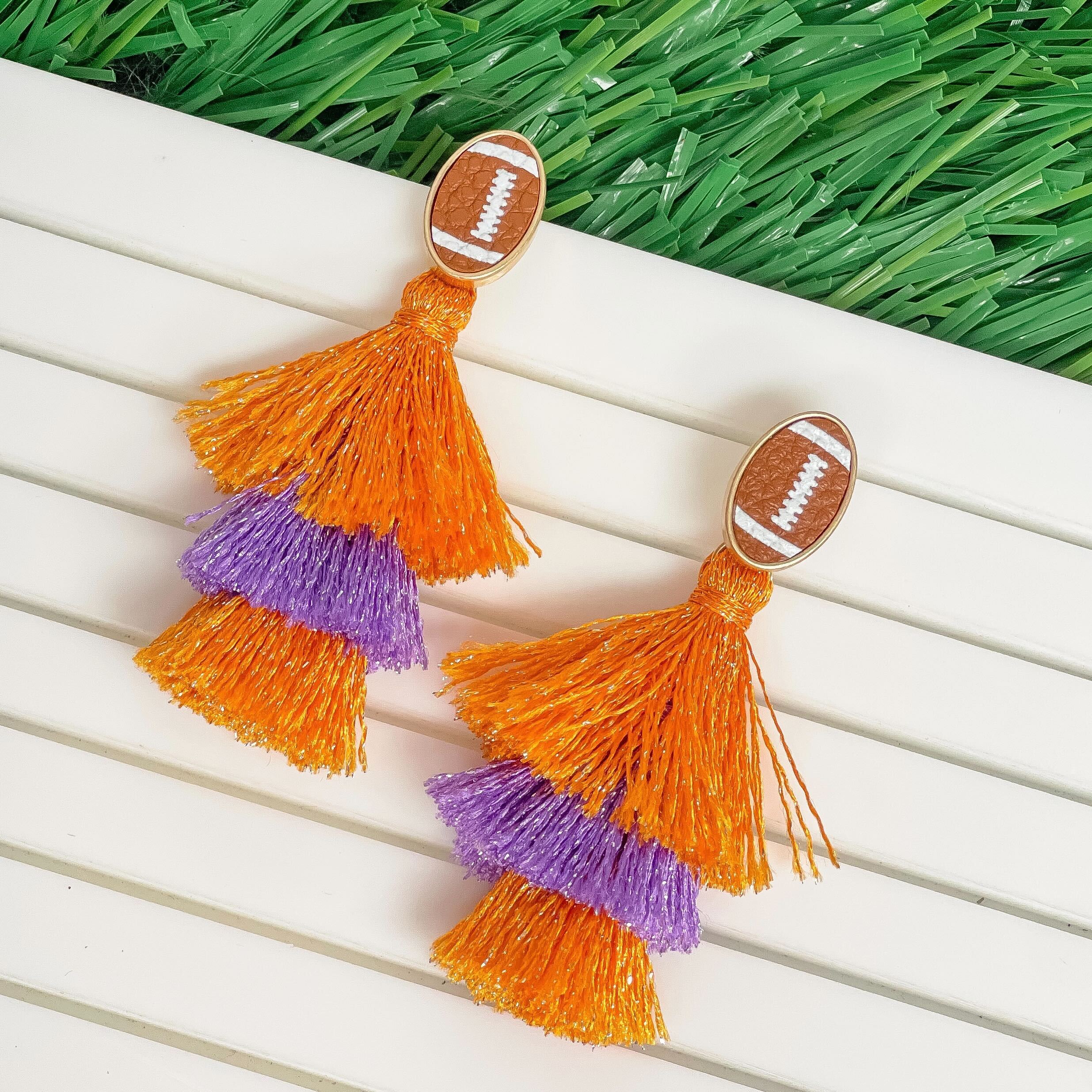 Football Tiered Glitter Tassel Dangle Earrings - Orange & Purple