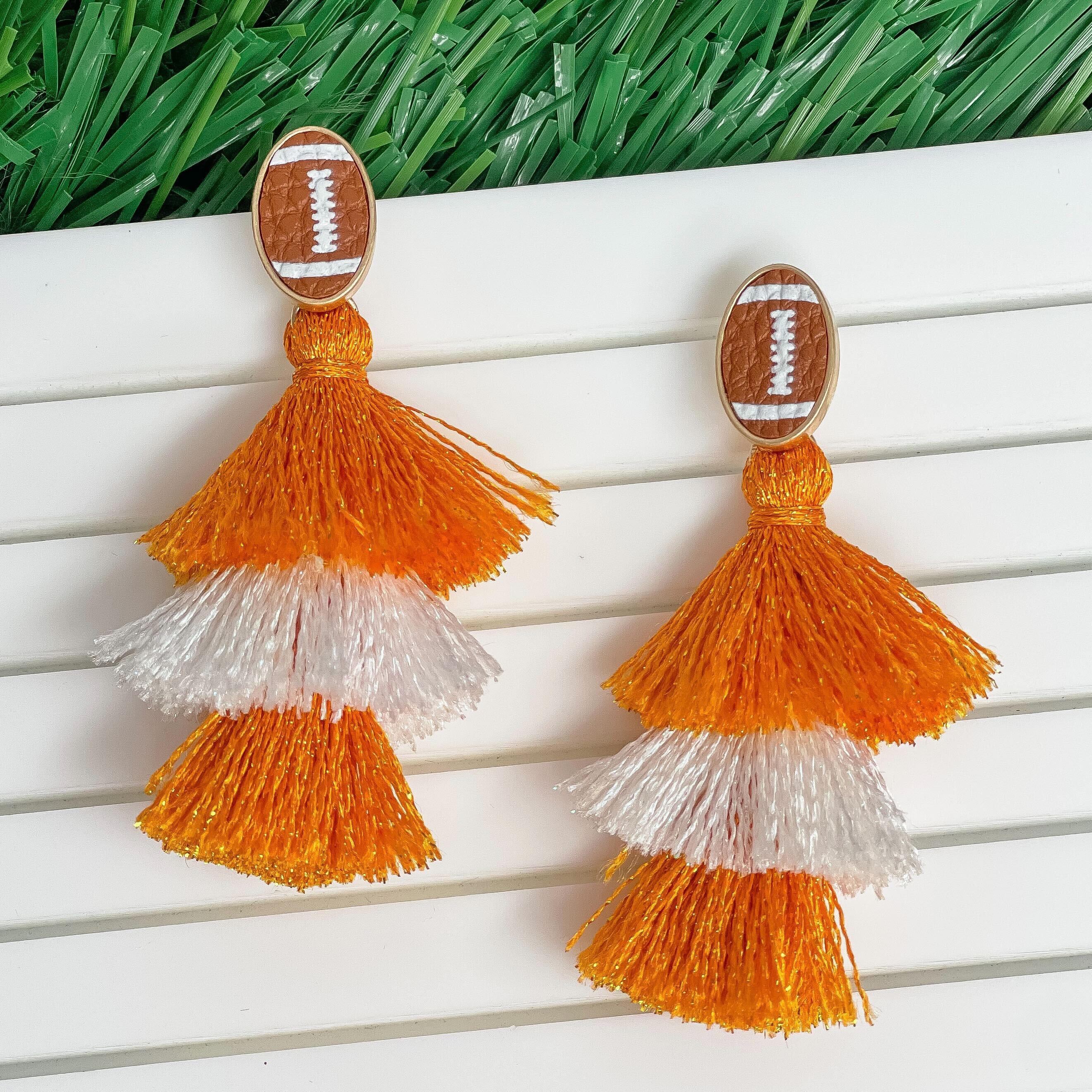 Football Tiered Glitter Tassel Dangle Earrings - Orange & White