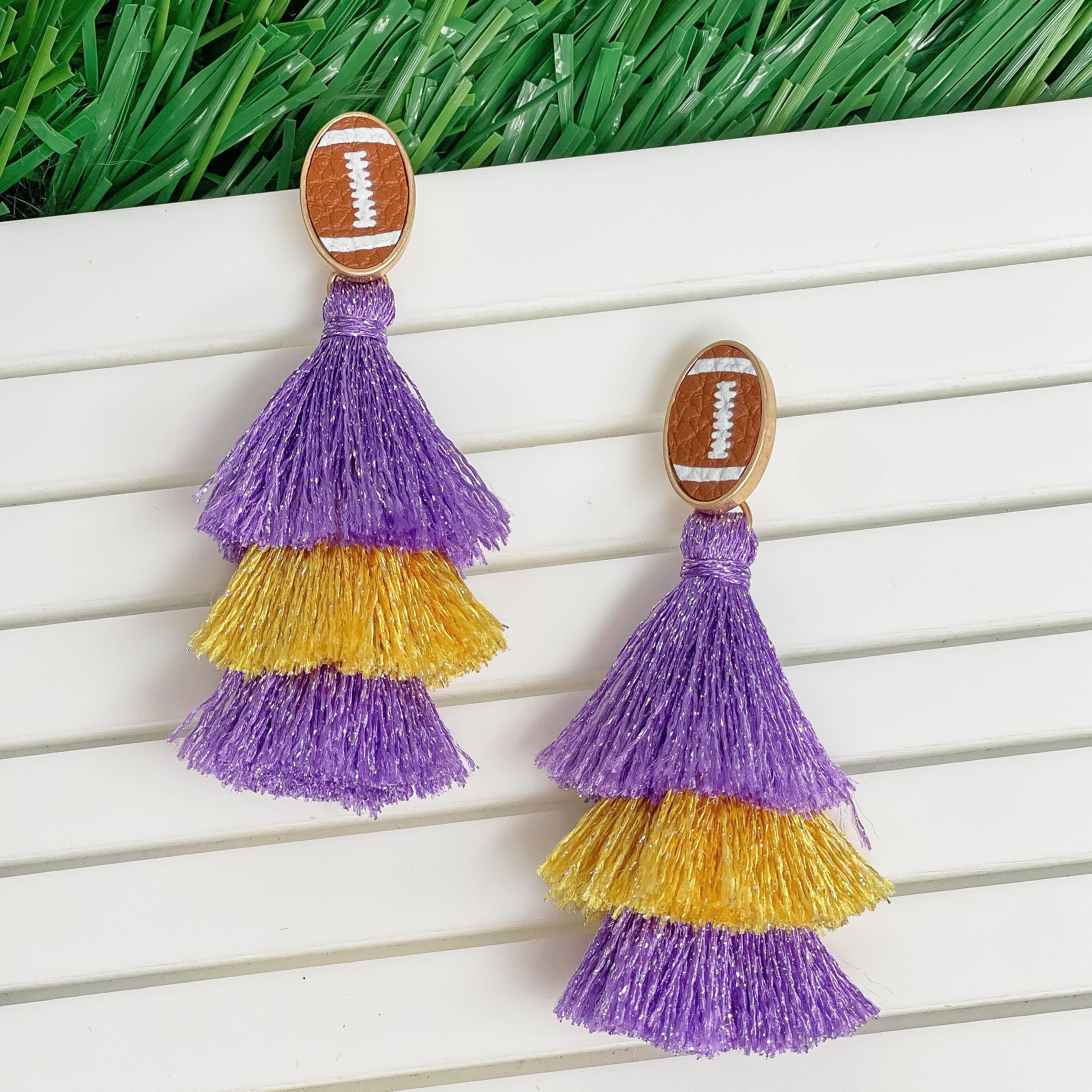 Football Tiered Glitter Tassel Dangle Earrings - Purple & Yellow