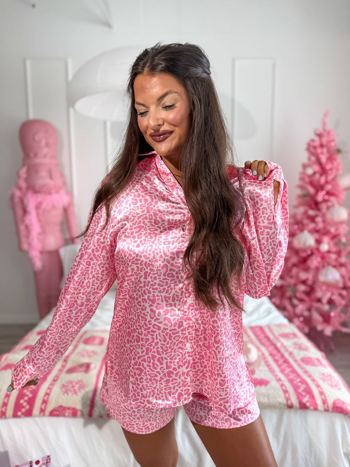 After Dark Satin Set in Pink Party Leopard by BIRDIE (Ships in 3-4 Weeks)