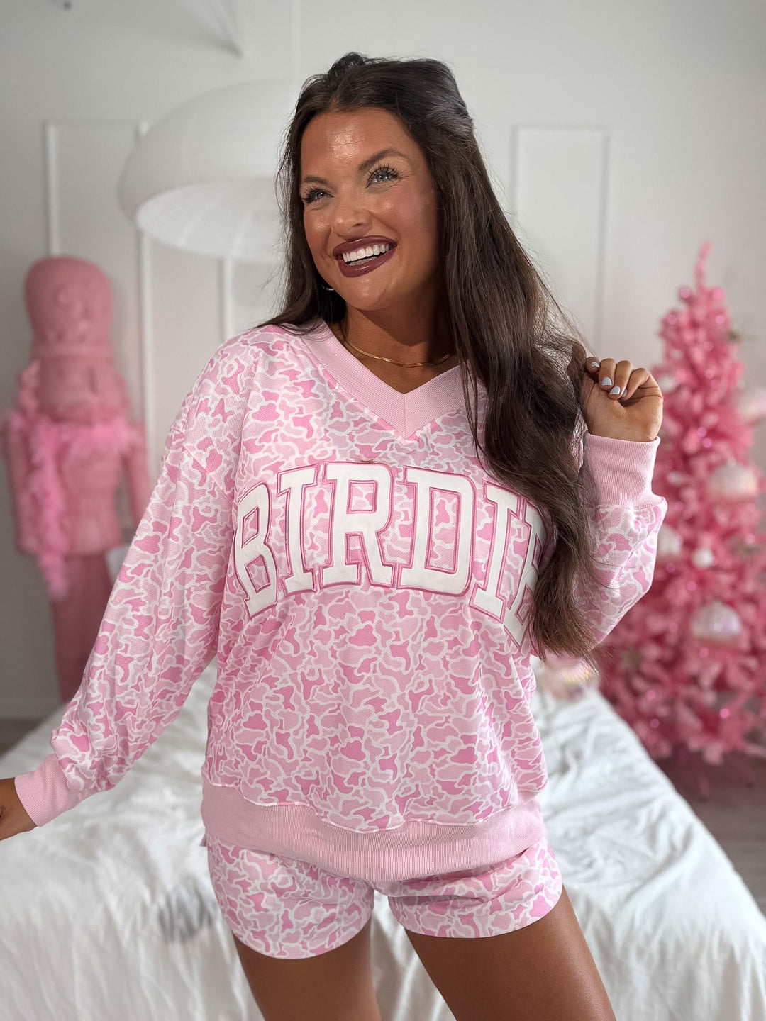 V Neck Oversized Sweatshirt in Sugar Bloom Duck Camo by BIRDIE (Ships in 3-4 Weeks)