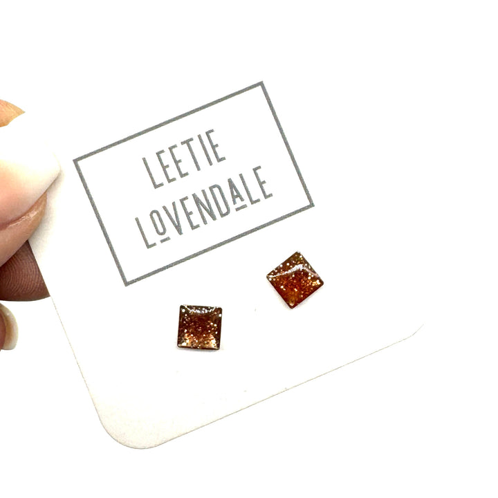 Raspberry Glitter Square Studs - Little Deadstock Vintage Enamel Stud Earrings by Leetie Lovendale (Preorder: Ships in 2-3 Weeks)