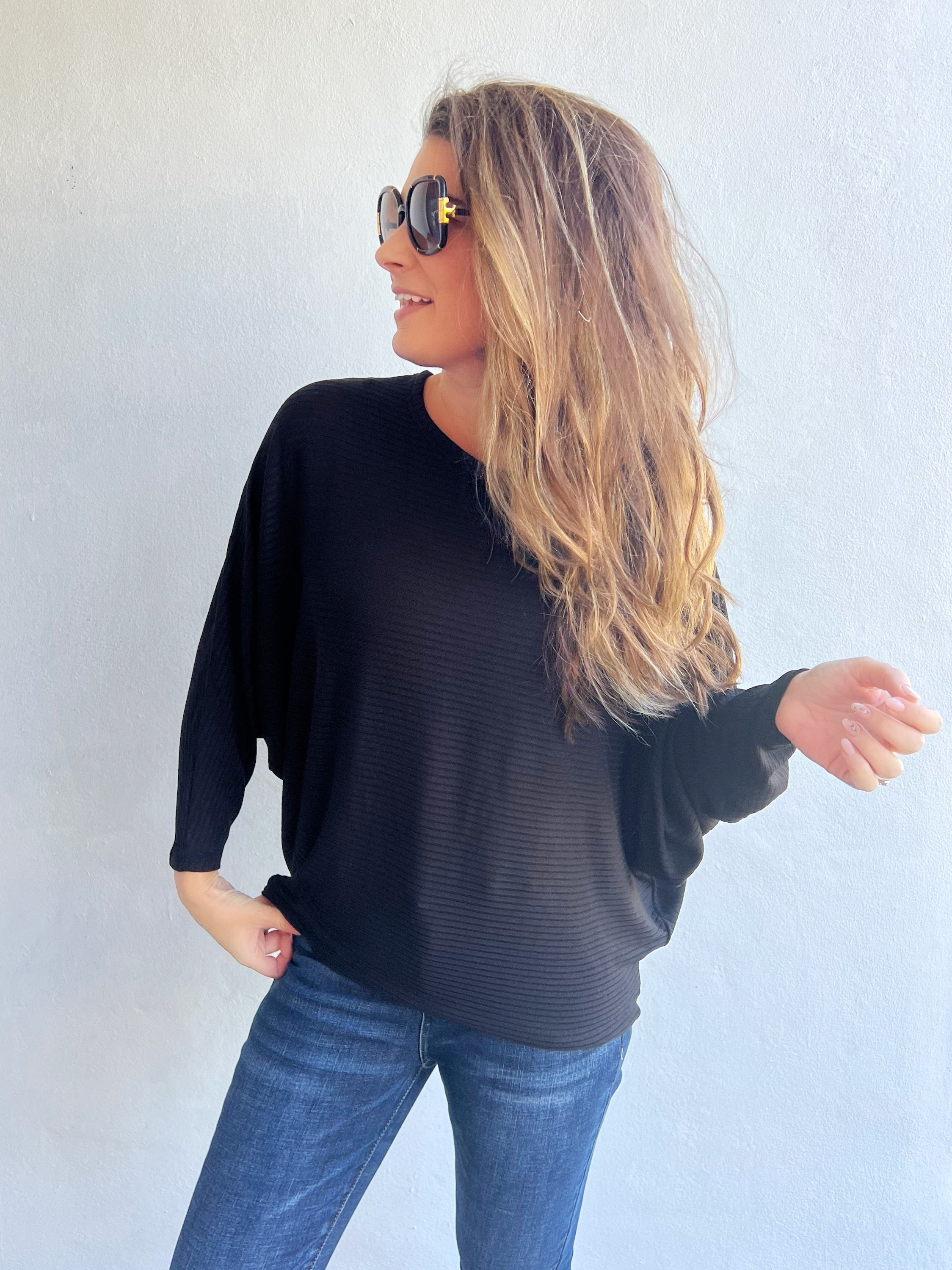 Ribbed Batwing Boat Neck Sweater in Black