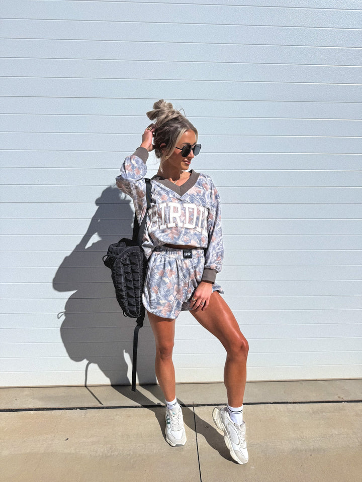 V Neck Oversized Sweatshirt in Timber Haze Camo by BIRDIE (Ships in 3-4 Weeks)