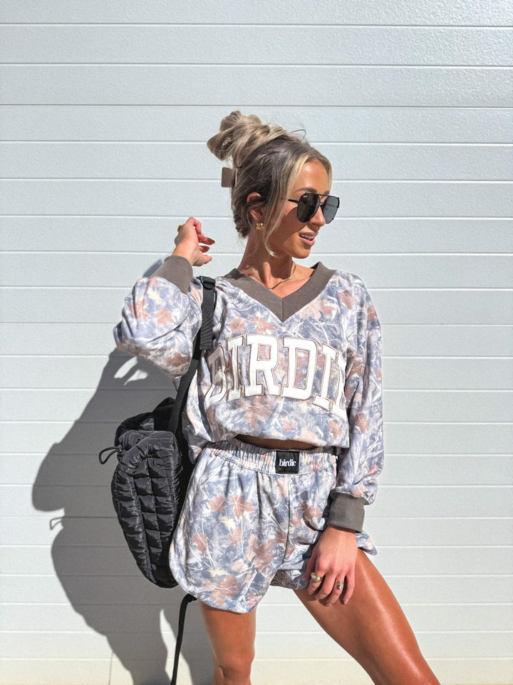 V Neck Oversized Sweatshirt in Timber Haze Camo by BIRDIE (Ships in 3-4 Weeks)