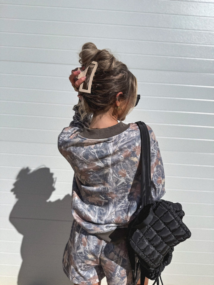 V Neck Oversized Sweatshirt in Timber Haze Camo by BIRDIE (Ships in 3-4 Weeks)