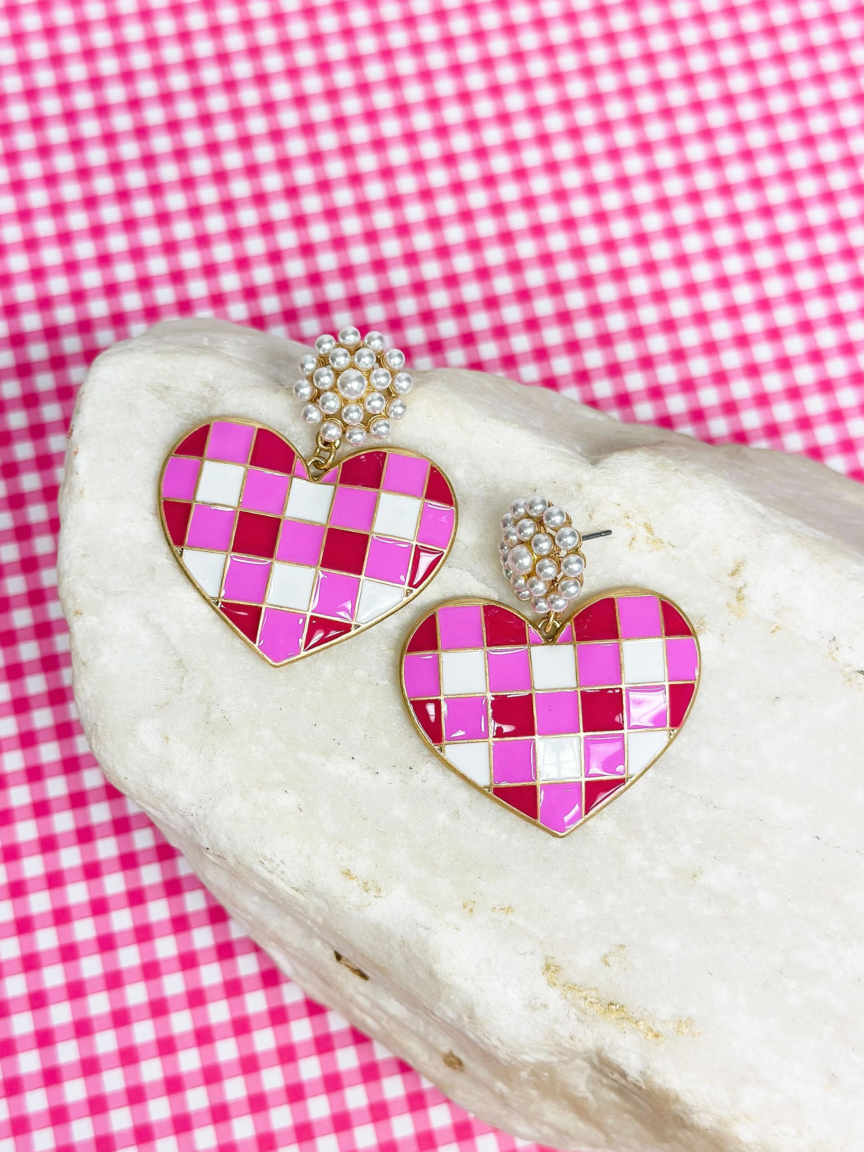 Valentine's Gingham Heart Pearl Cluster Drop Earrings