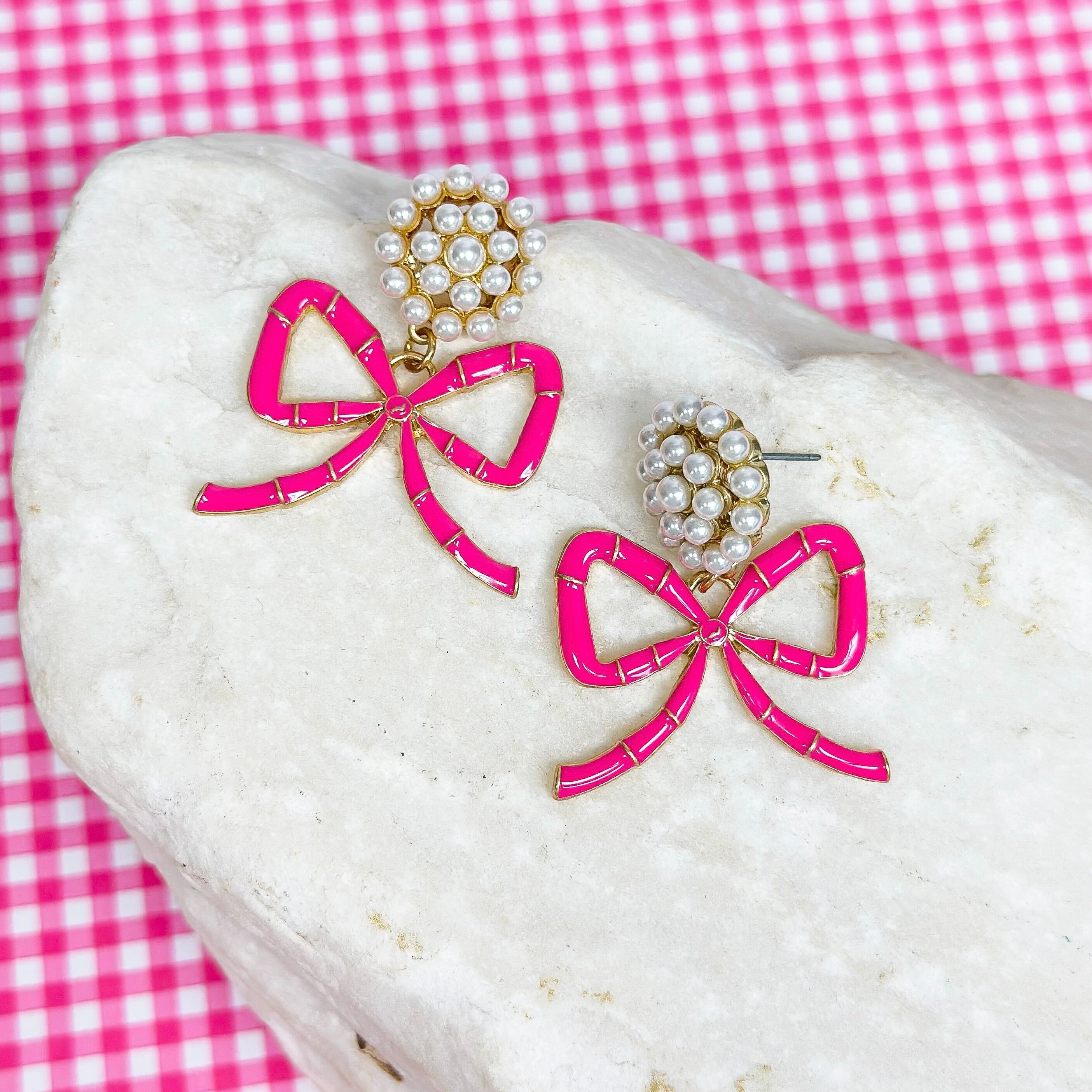 Pink Bamboo Bow Pearl Cluster Drop Earrings