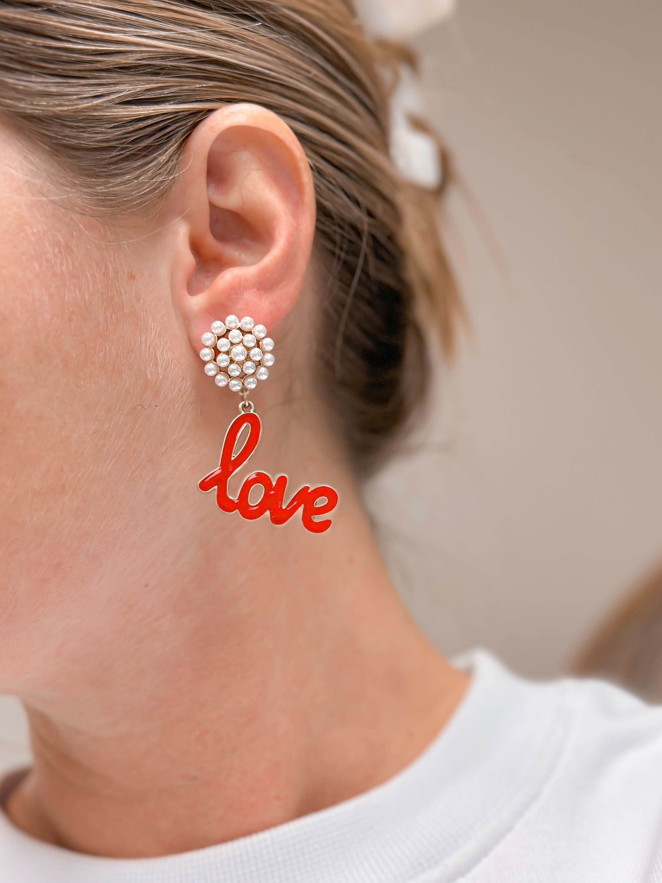 'Love' Pearl Cluster Drop Earrings