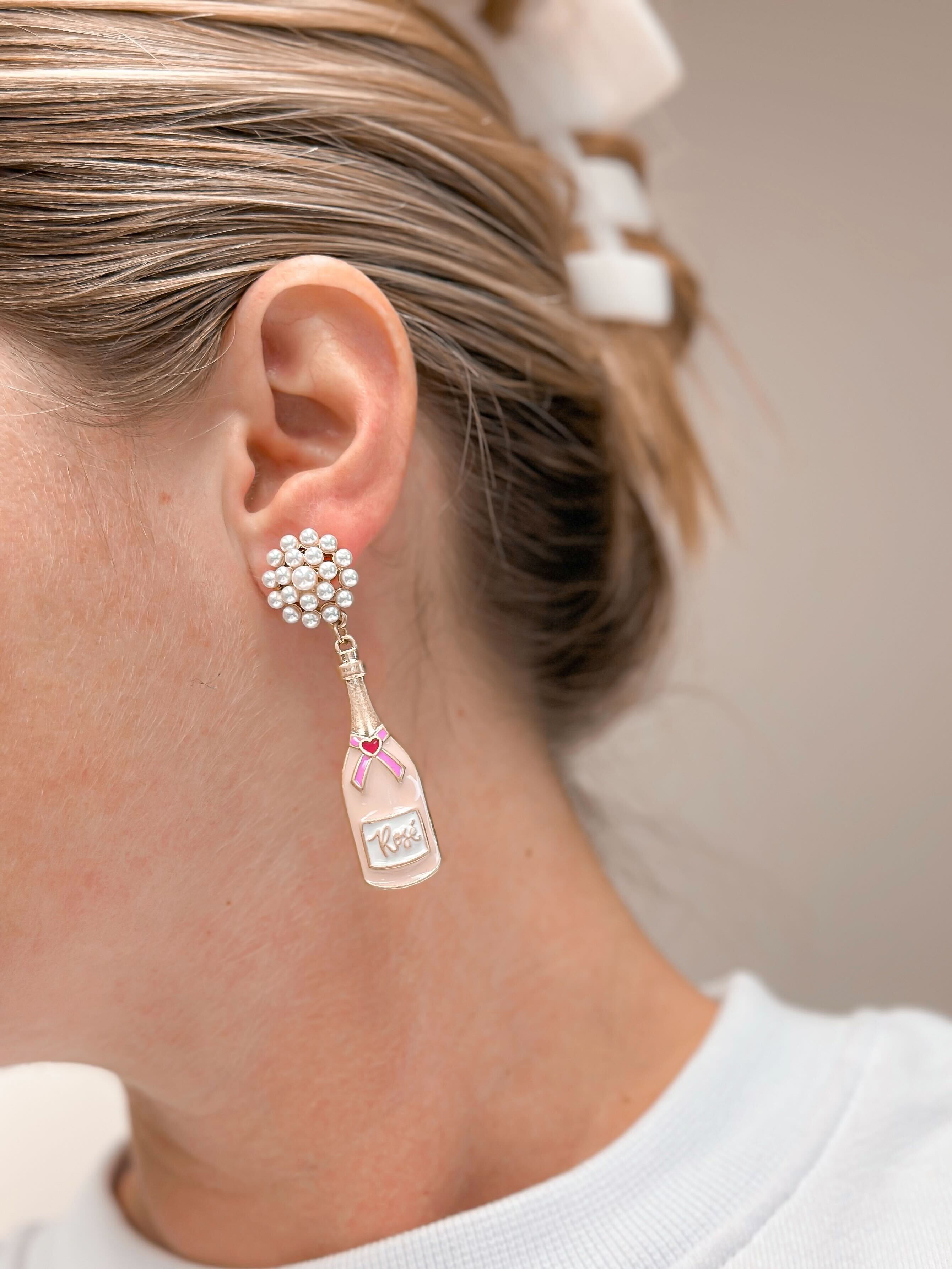 Valentine's Rose Bottle Pearl Cluster Drop Earrings