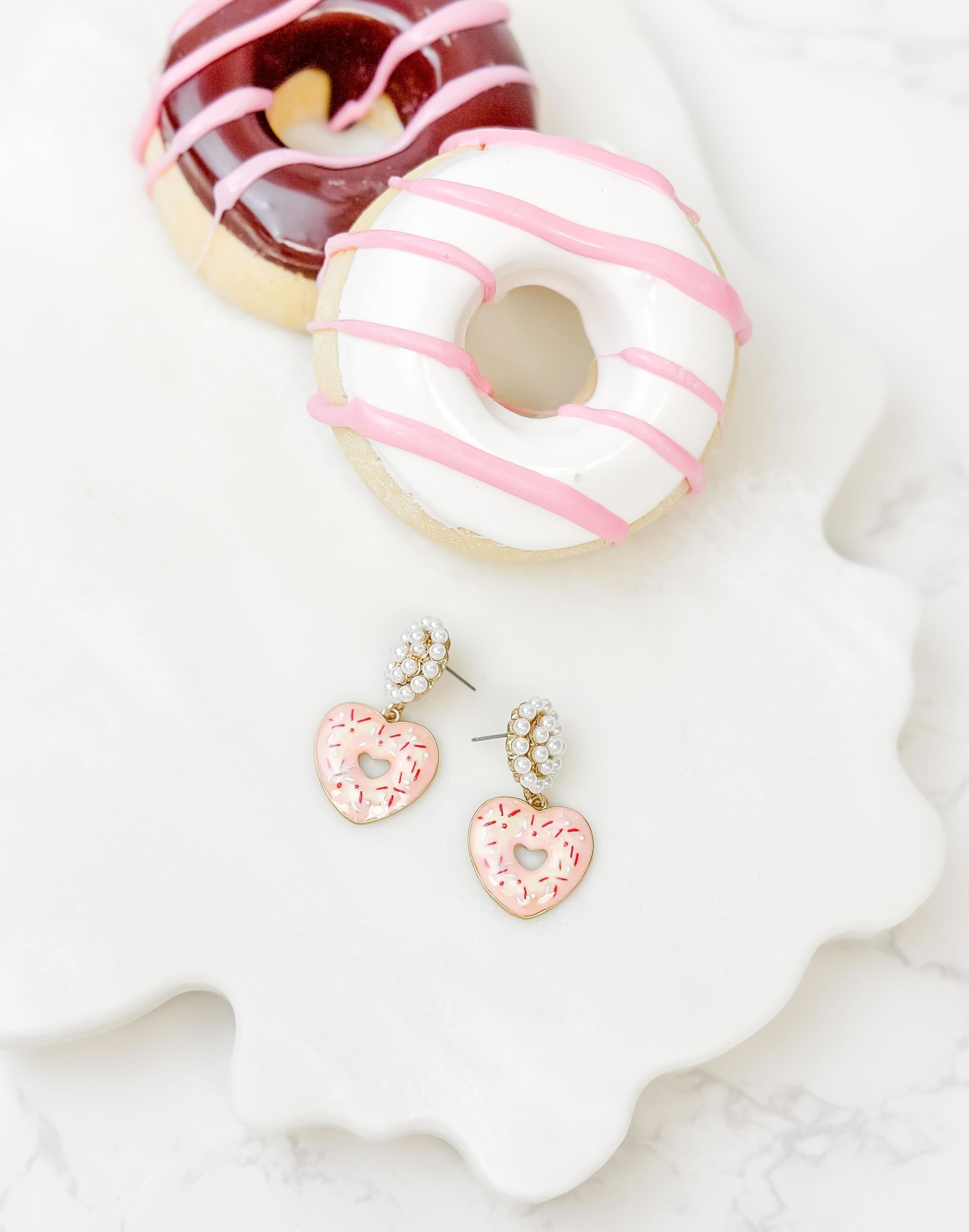 Heart Sprinkle Donut Pearl Cluster Drop Earrings