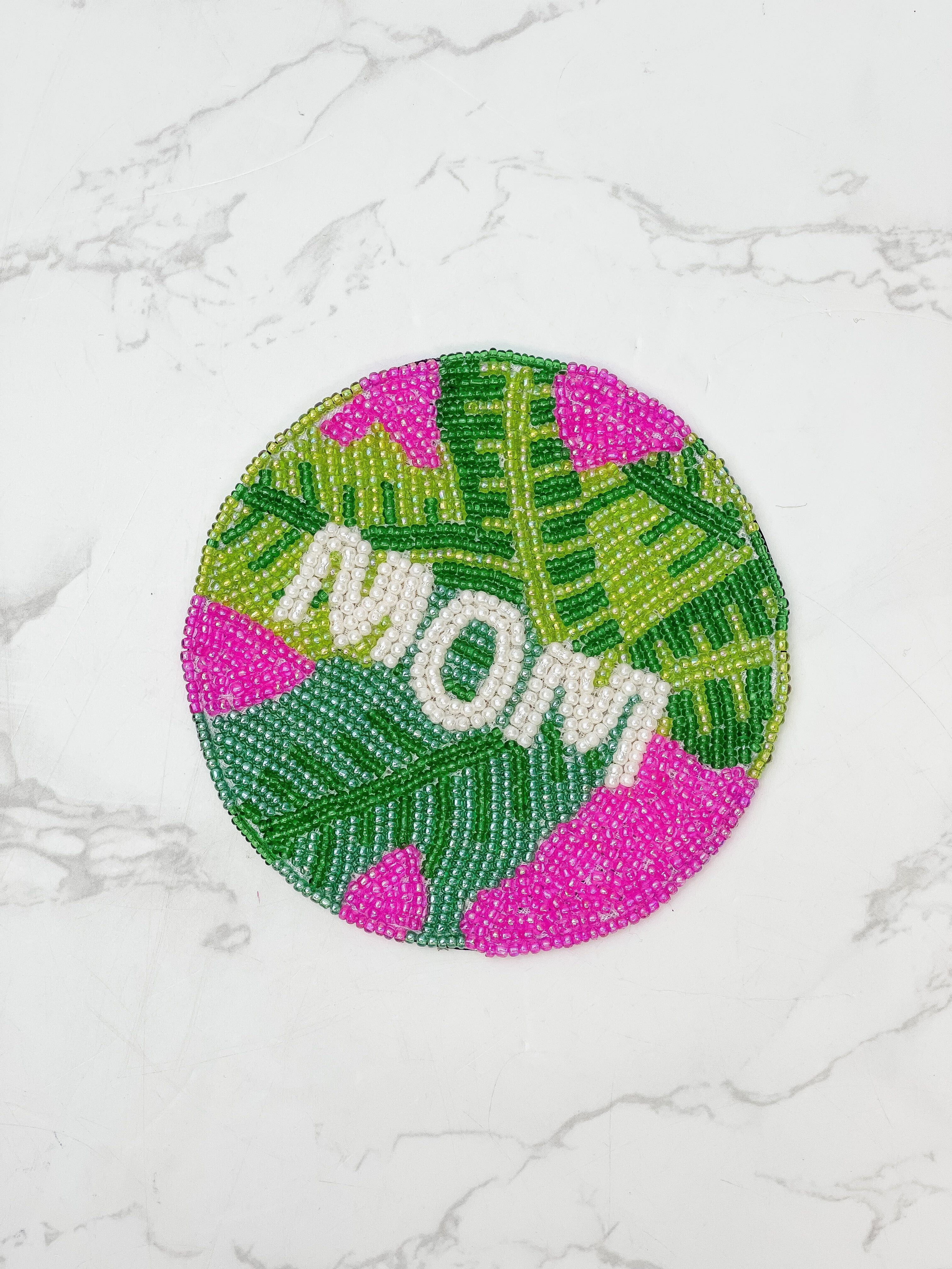 'Mom' Preppy Palm Seed Bead Coaster