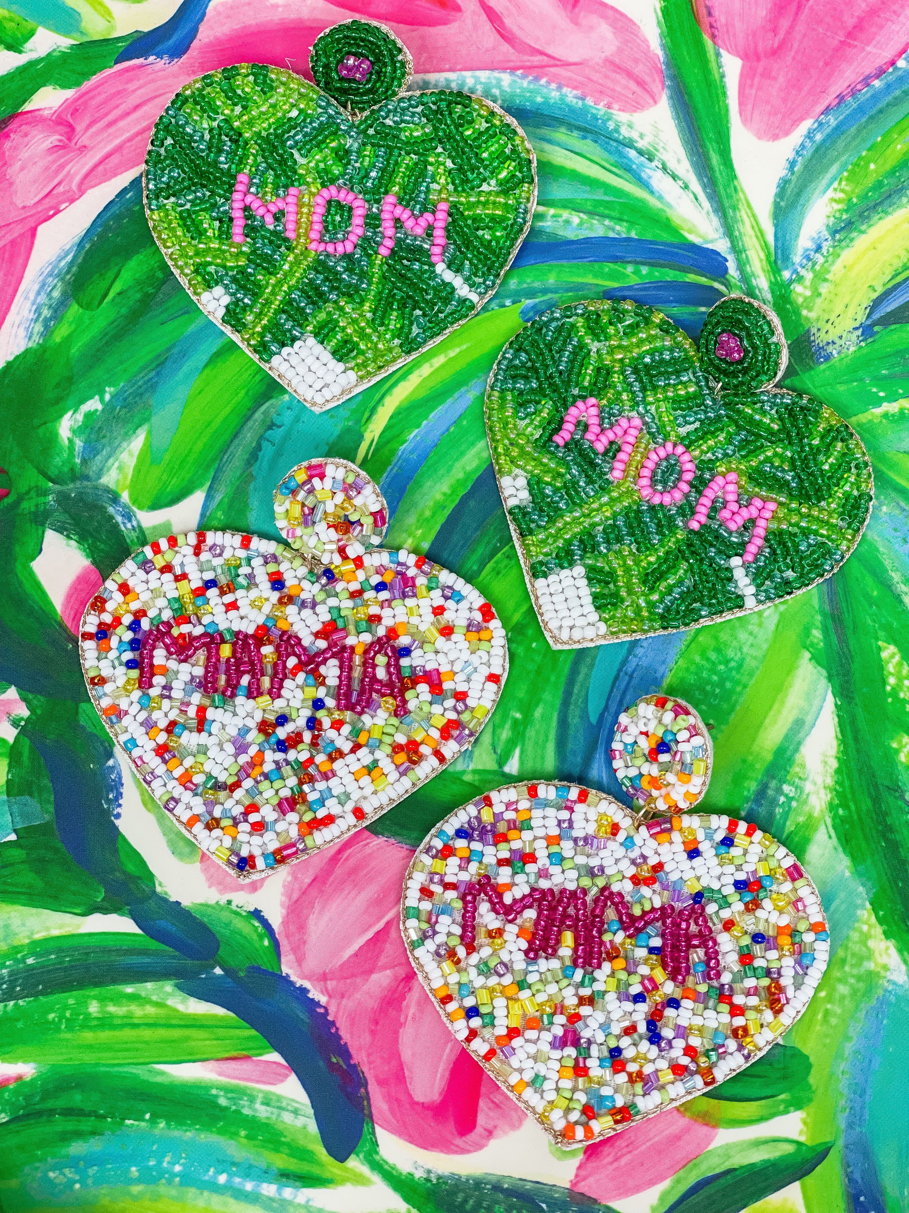 'Mom' Preppy Palm Seed Bead Heart Dangle Earrings