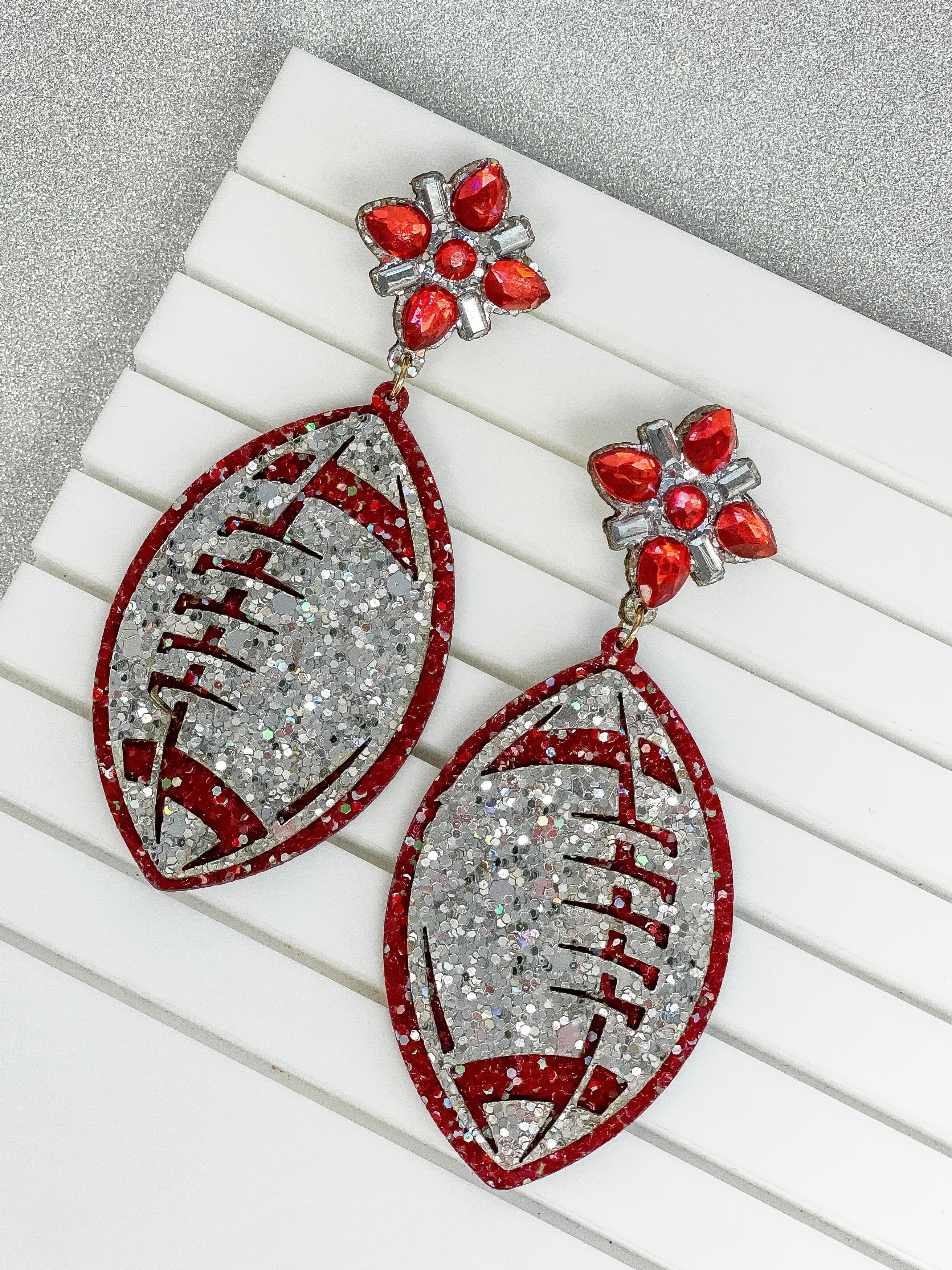Glitter & Rhinestone College Football Dangle Earrings - Silver & Burgundy