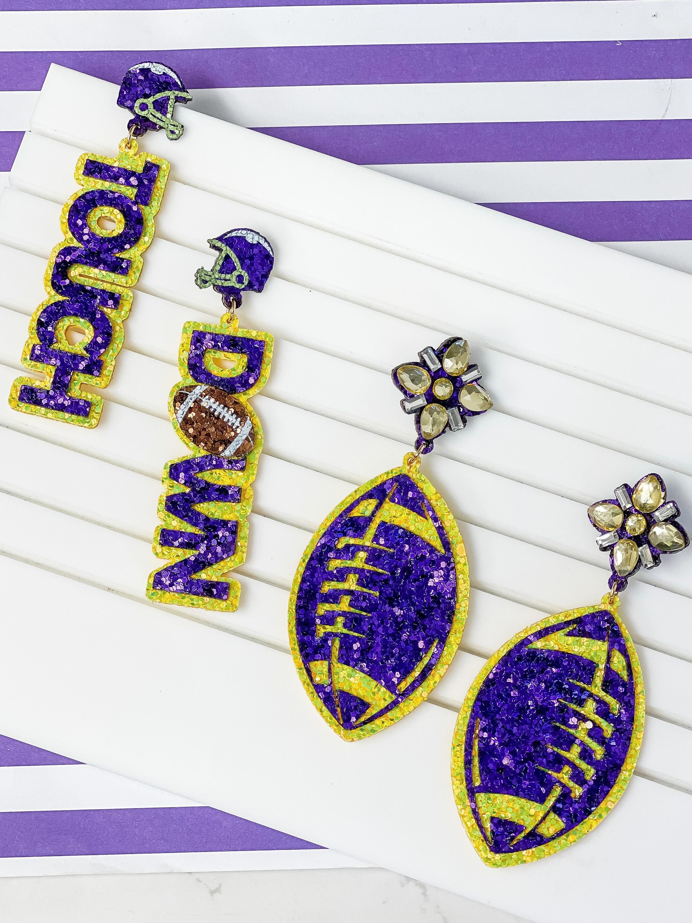 Glitter & Rhinestone College Football Dangle Earrings - Purple & Yellow