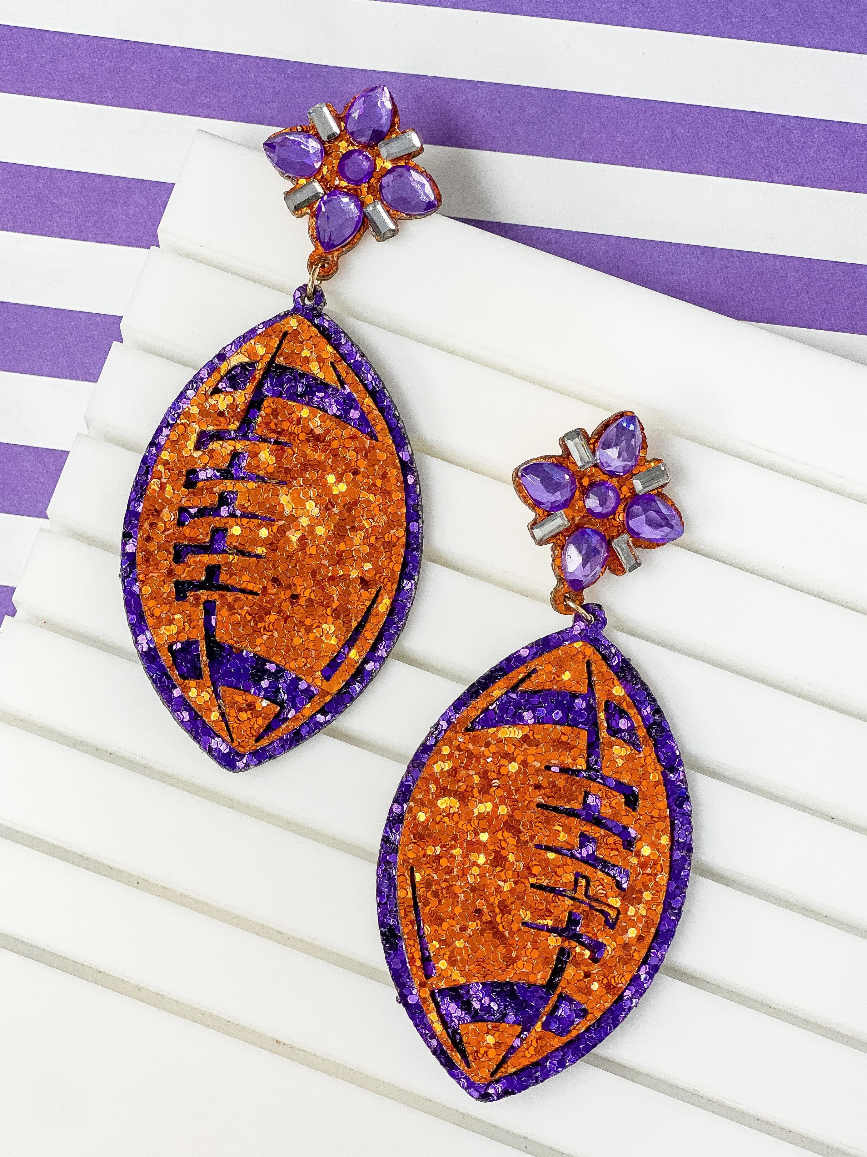 Glitter & Rhinestone College Football Dangle Earrings - Orange & Purple