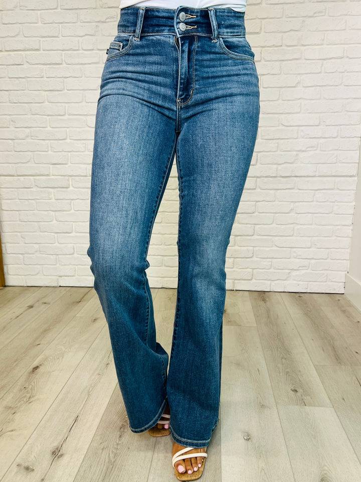 Ariana High Rise Double Button Waistband Flare Jeans by Judy Blue