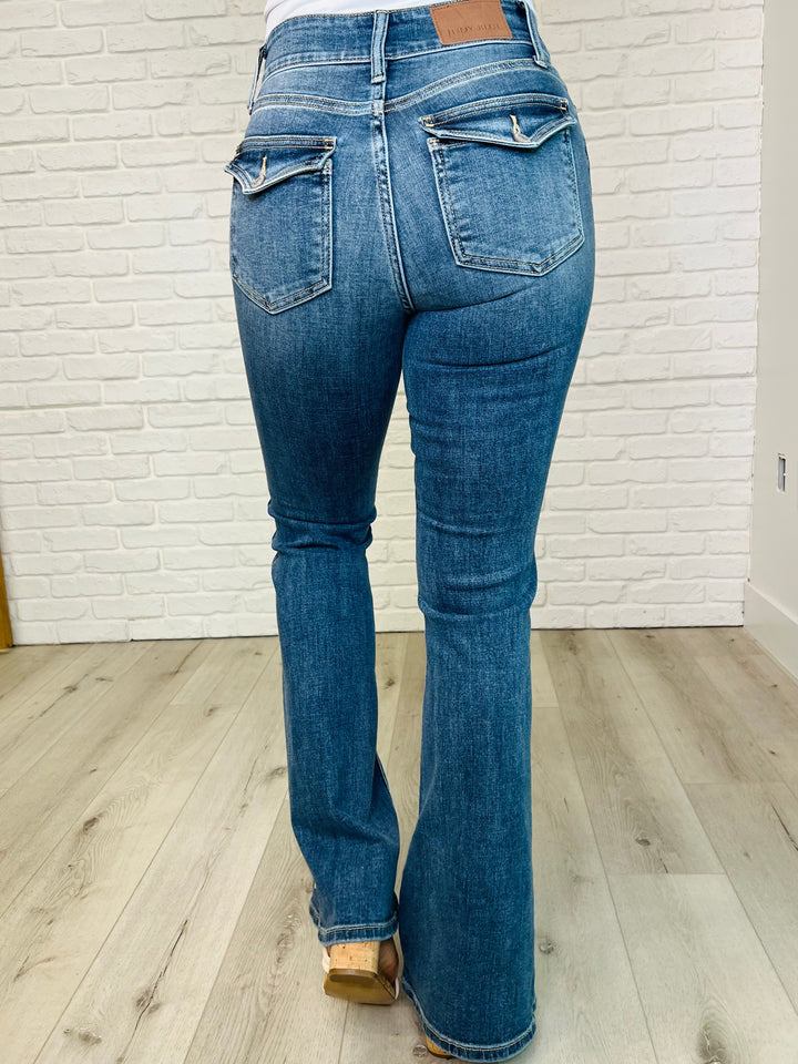 Ariana High Rise Double Button Waistband Flare Jeans by Judy Blue
