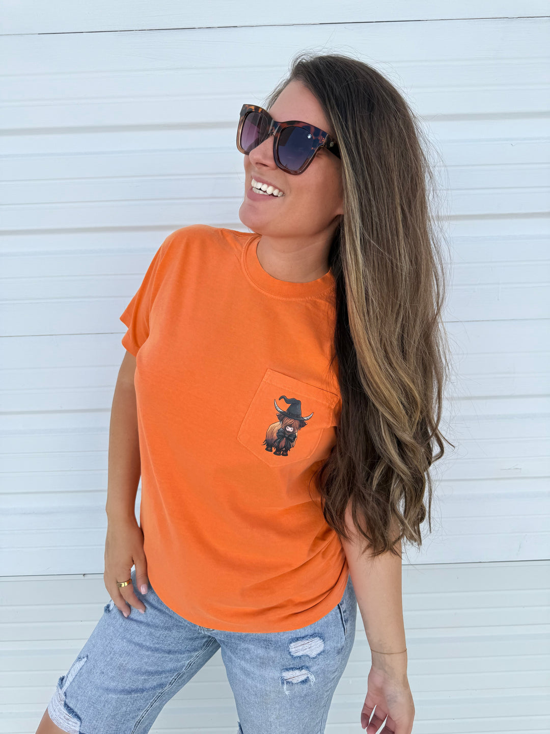 by PrepO: Halloween Highland Cow Comfort Colors Pocket Tee (Ships in 1-2 Weeks)