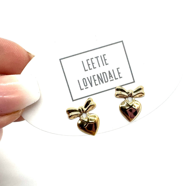 Heart with Bow Deadstock Gold Stud Earrings by Leetie Lovendale (Preorder: Ships in 2-3 Weeks)