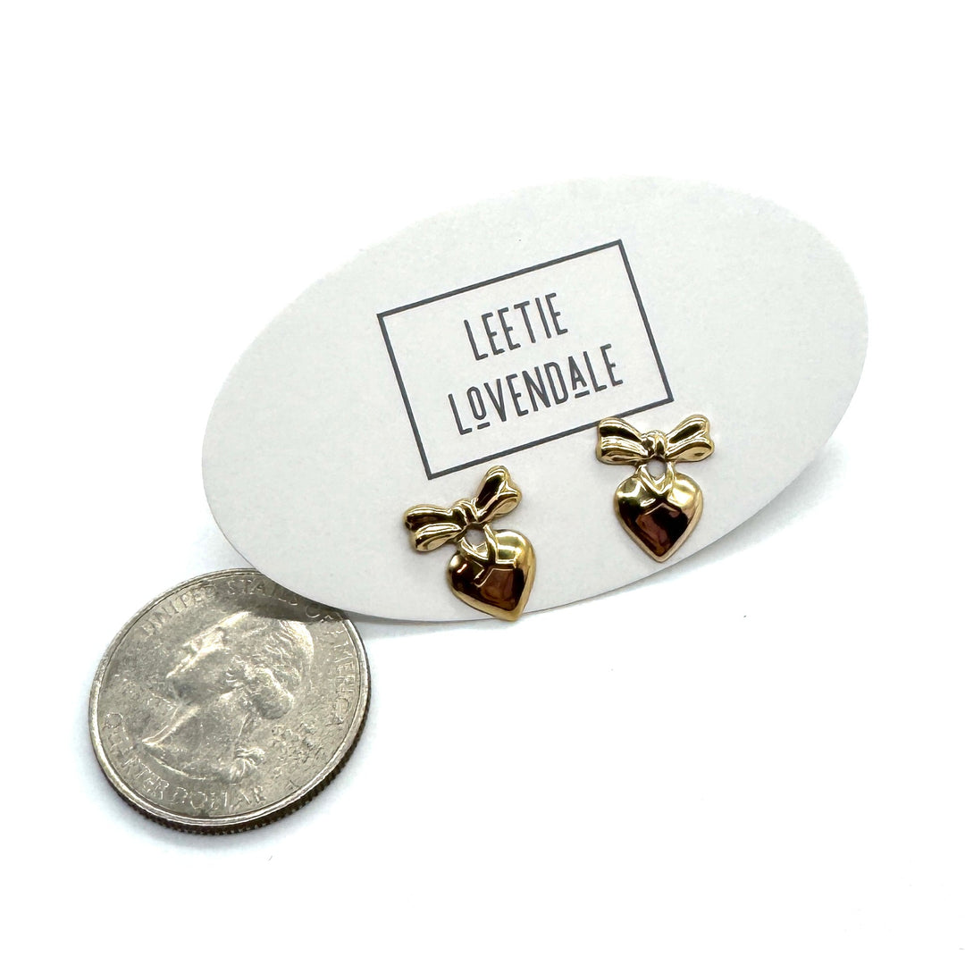 Heart with Bow Deadstock Gold Stud Earrings by Leetie Lovendale (Preorder: Ships in 2-3 Weeks)