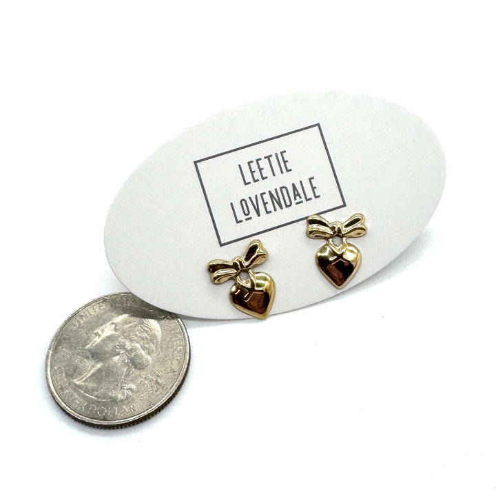 Heart with Bow Deadstock Gold Stud Earrings by Leetie Lovendale (Preorder: Ships in 2-3 Weeks)