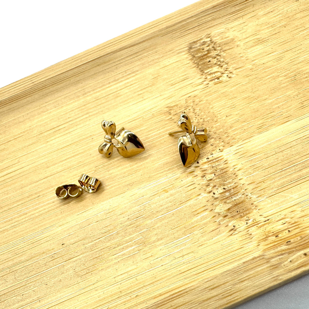 Heart with Bow Deadstock Gold Stud Earrings by Leetie Lovendale (Preorder: Ships in 2-3 Weeks)