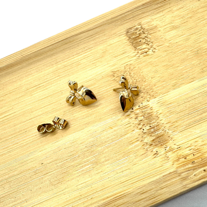 Heart with Bow Deadstock Gold Stud Earrings by Leetie Lovendale (Preorder: Ships in 2-3 Weeks)