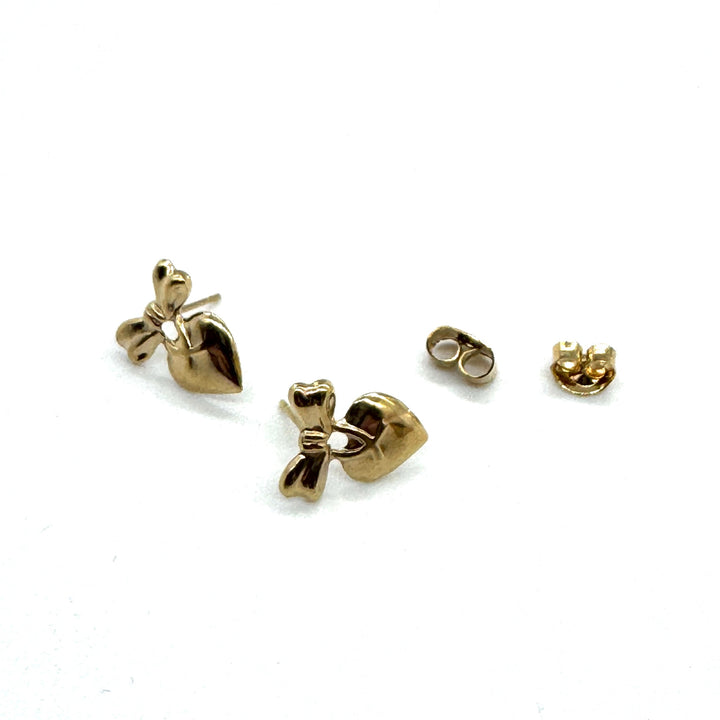 Heart with Bow Deadstock Gold Stud Earrings by Leetie Lovendale (Preorder: Ships in 2-3 Weeks)