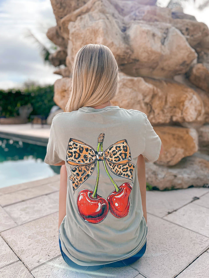 Leopard Bow Cherries Mineral Wash Short Sleeve Tee by Simply Southern