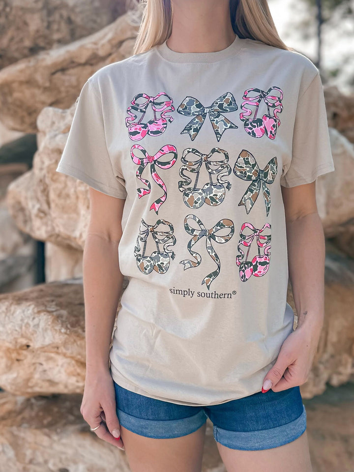 Camo Cherry & Bows Short Sleeve Tee by Simply Southern