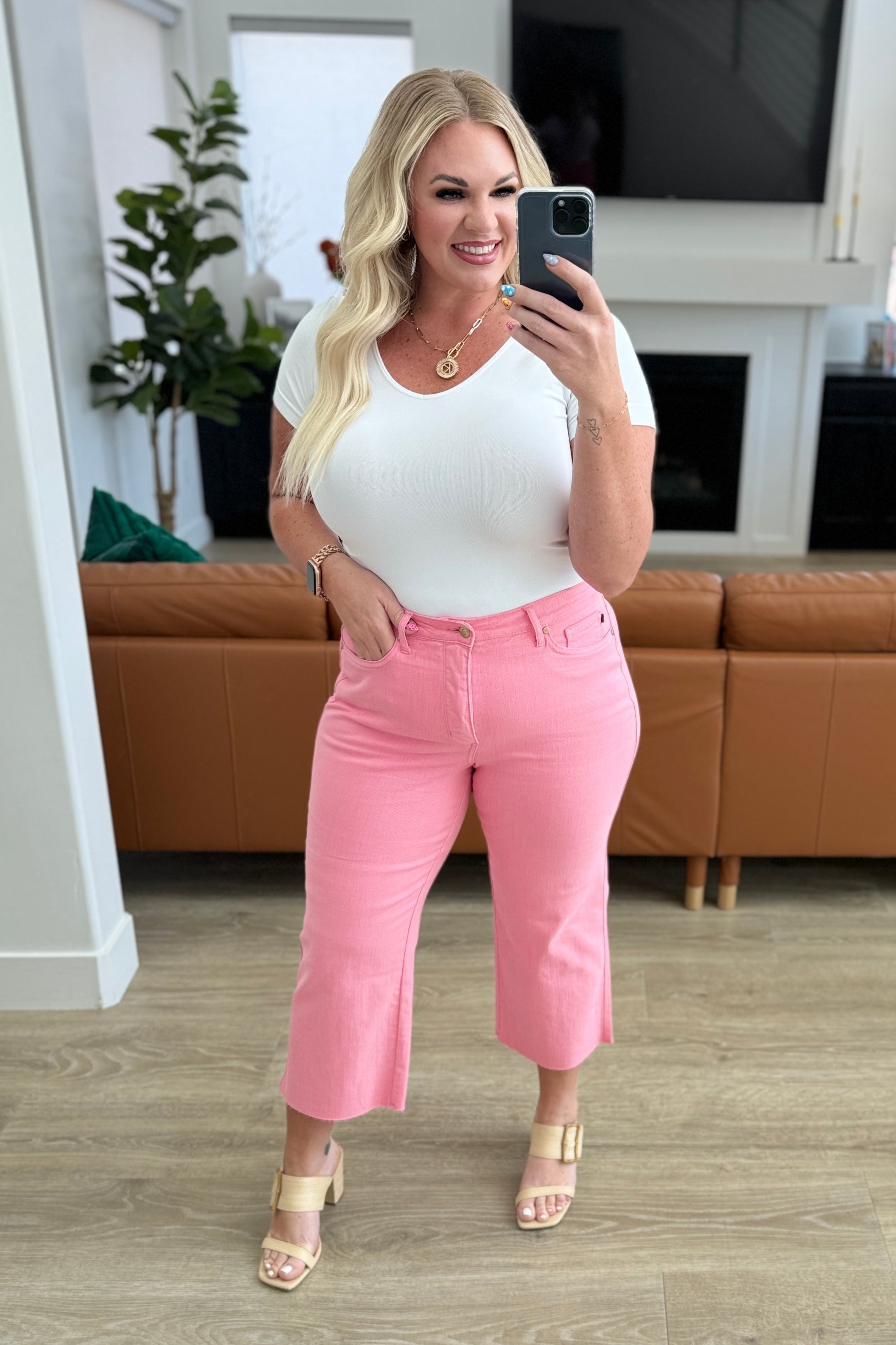 Lisa High Rise Control Top Wide Leg Crop Jeans by Judy Blue - Pink