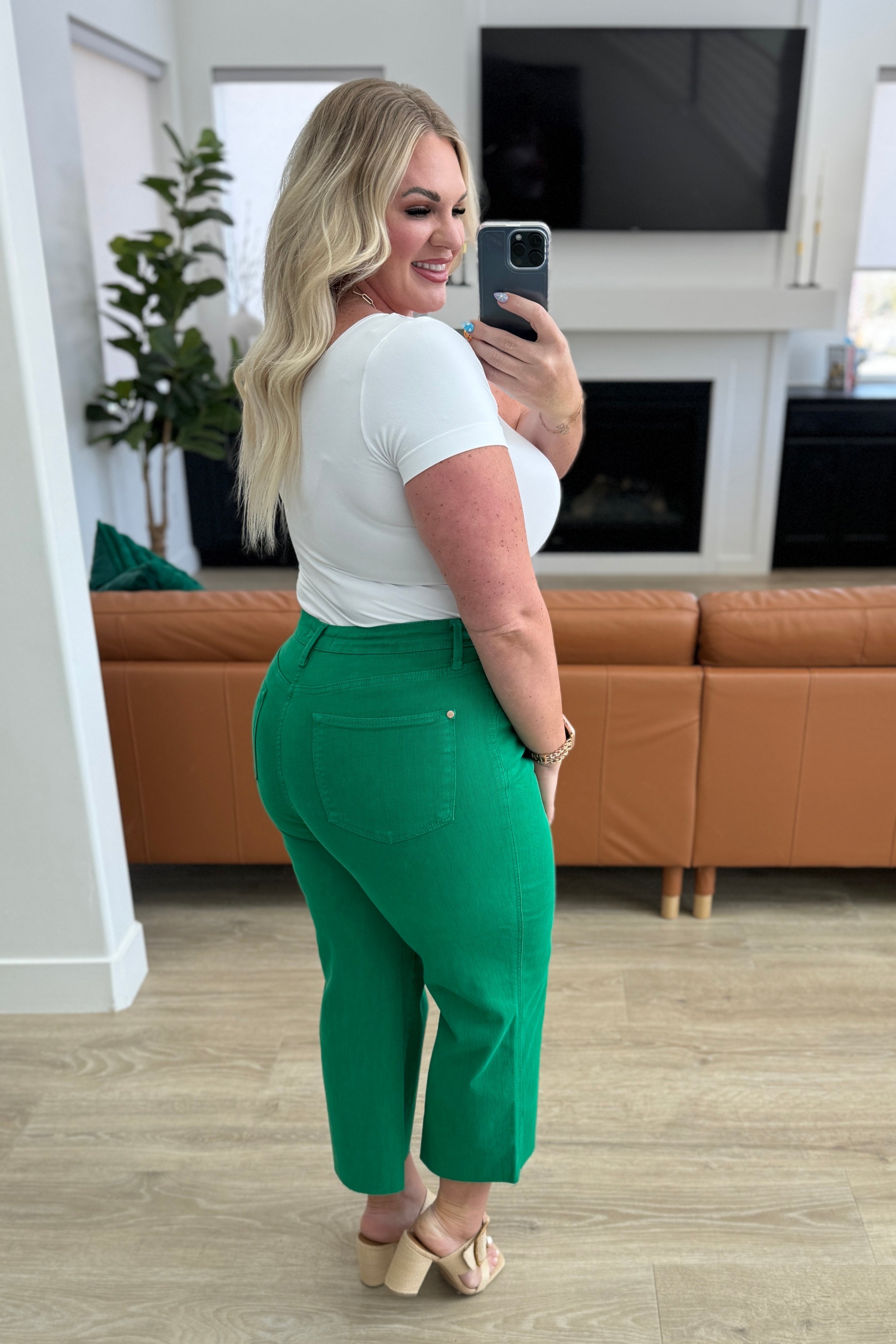 Lisa High Rise Control Top Wide Leg Crop Jeans by Judy Blue - Kelly Green