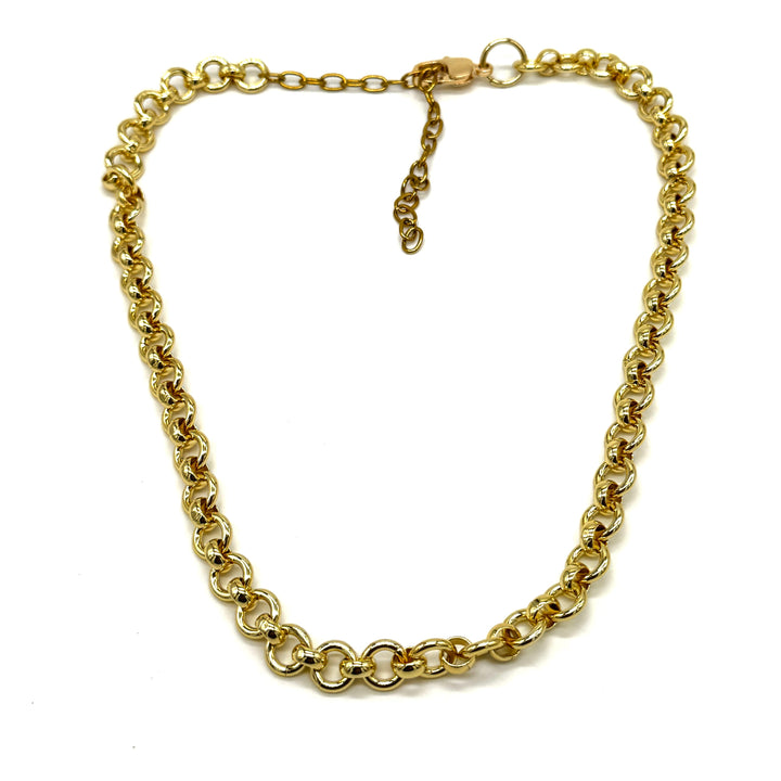 A gold-colored chain necklace with a rolo link pattern, shown on a plain white background. It features a lobster clasp closure at the top.