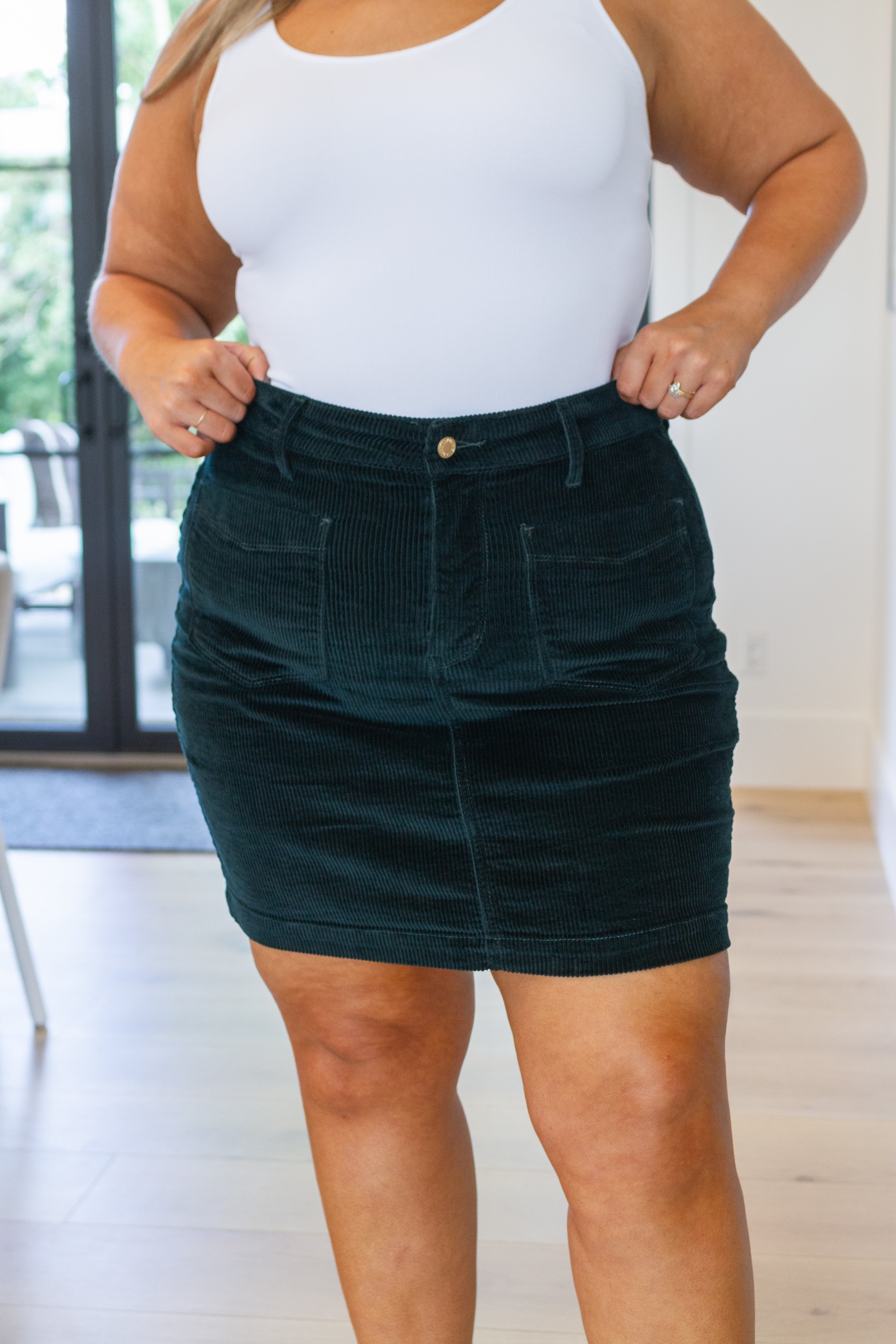 Melinda Corduroy Patch Pocket Skirt in Emerald by Judy Blue
